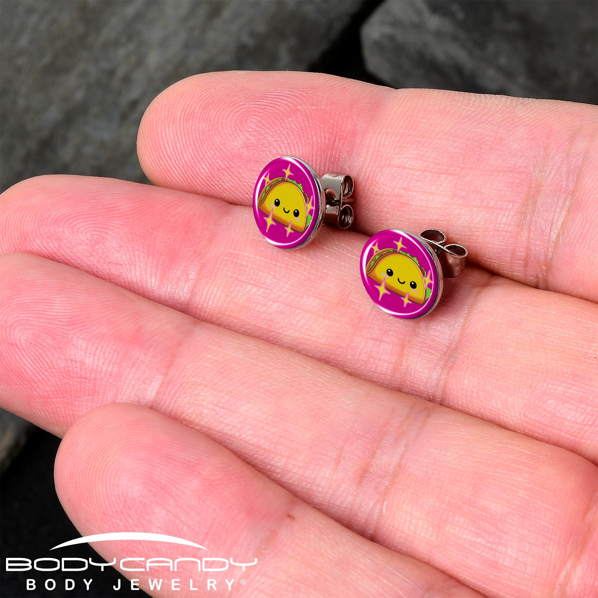 BodyCandy Mexican Fiesta Cute Taco Stud Earrings by Onyx O — detail close-up
