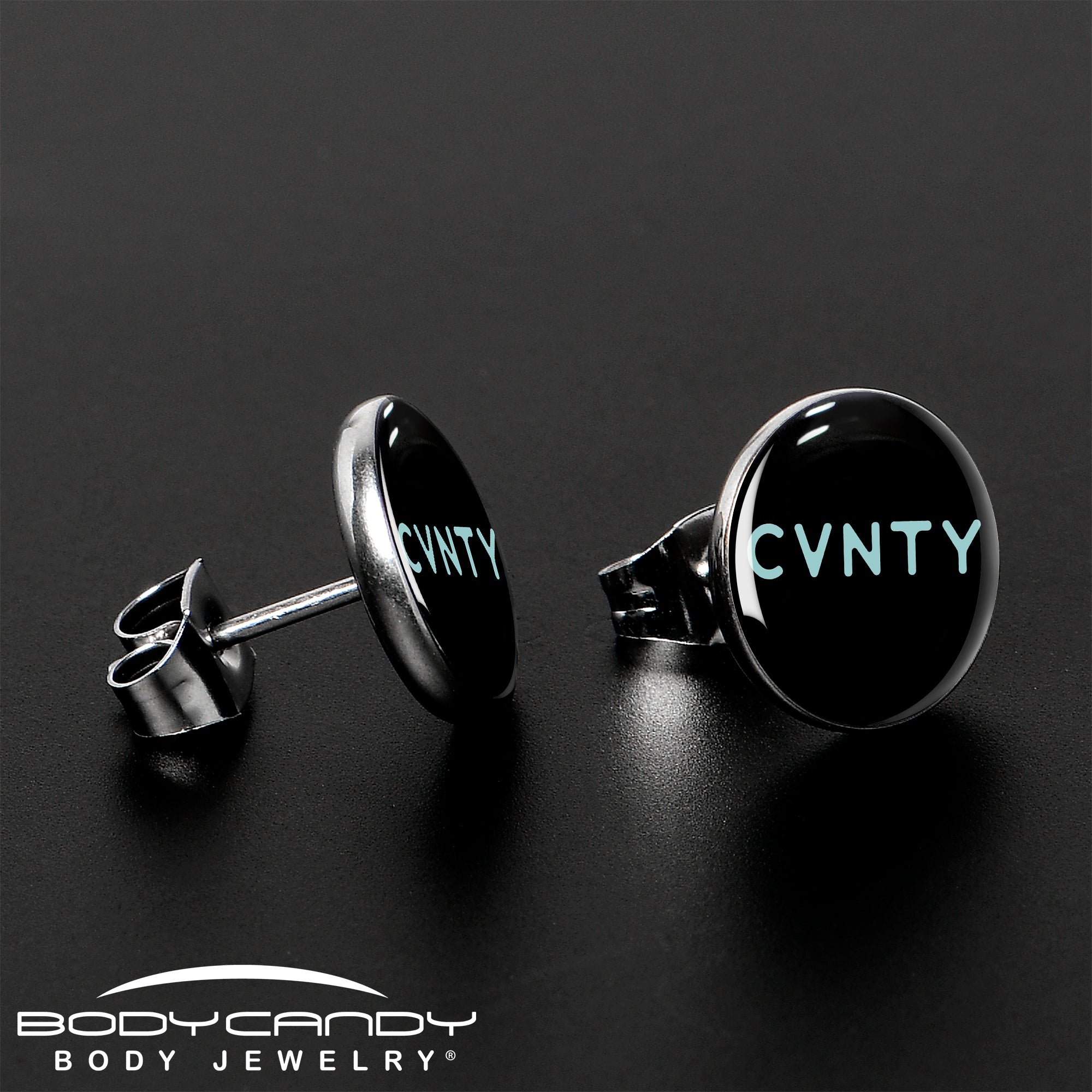 BodyCandy Phrase Logo CVNTY Stud Earrings by Onyx O — lifestyle context