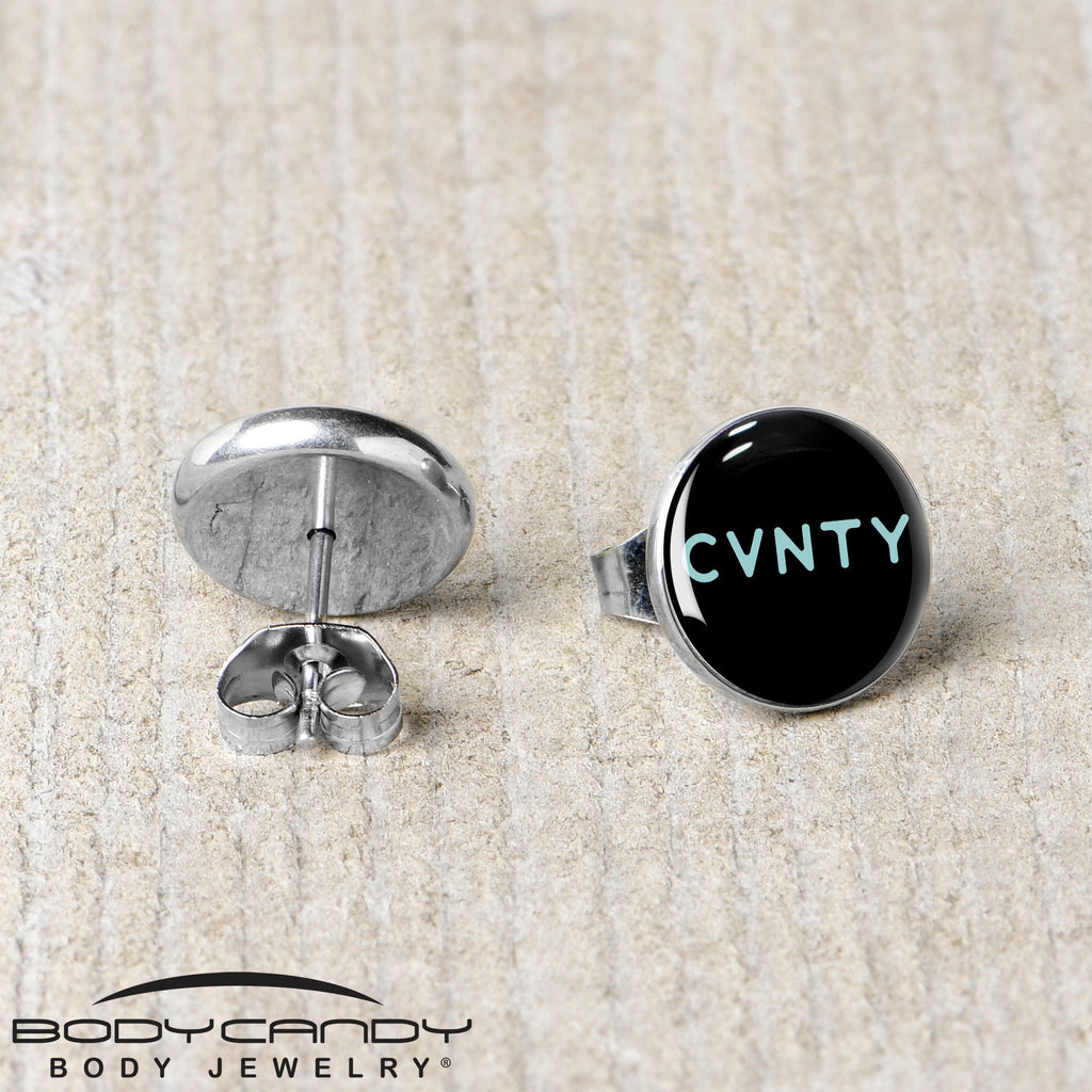BodyCandy Phrase Logo CVNTY Stud Earrings by Onyx O — back view