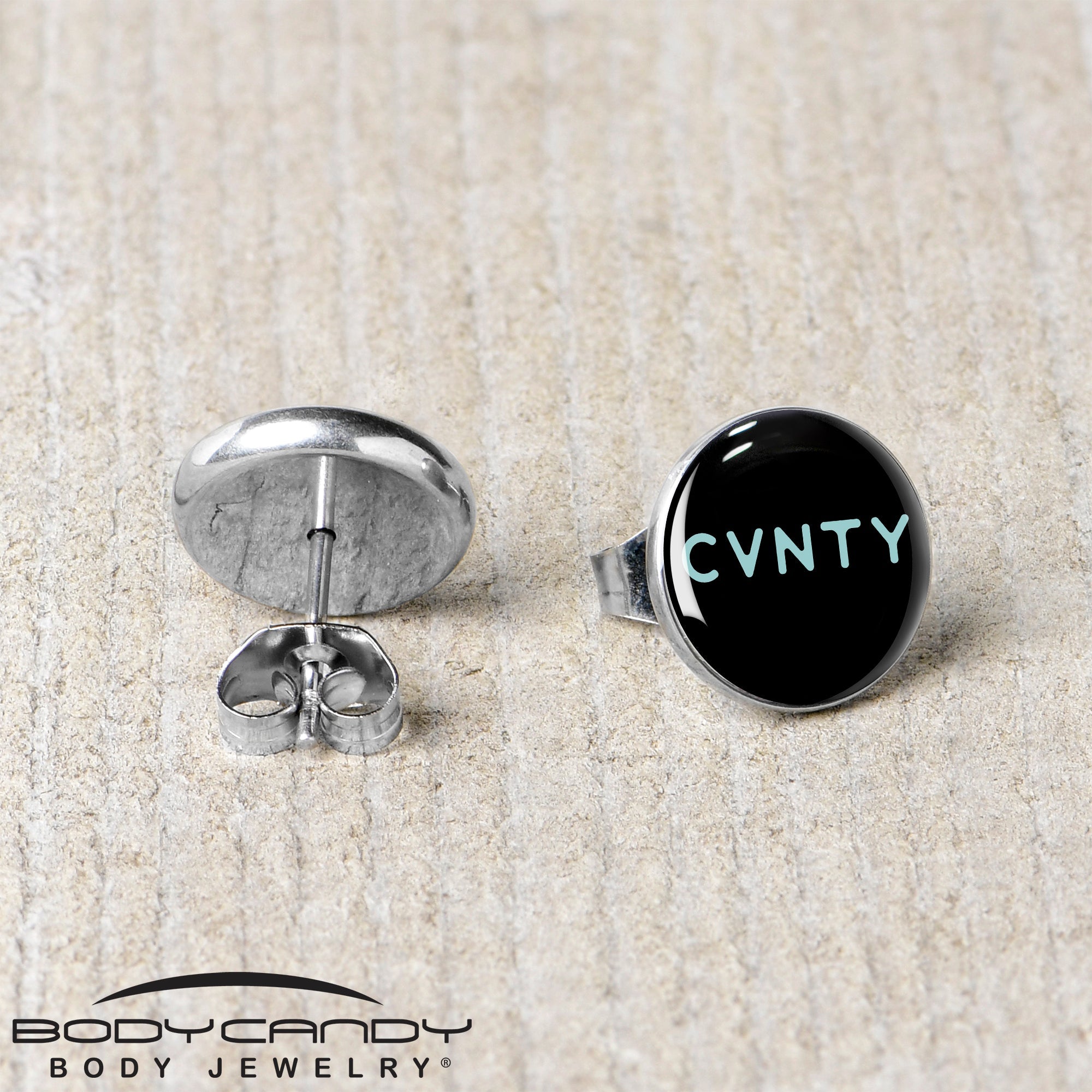 BodyCandy Phrase Logo CVNTY Stud Earrings by Onyx O — back view
