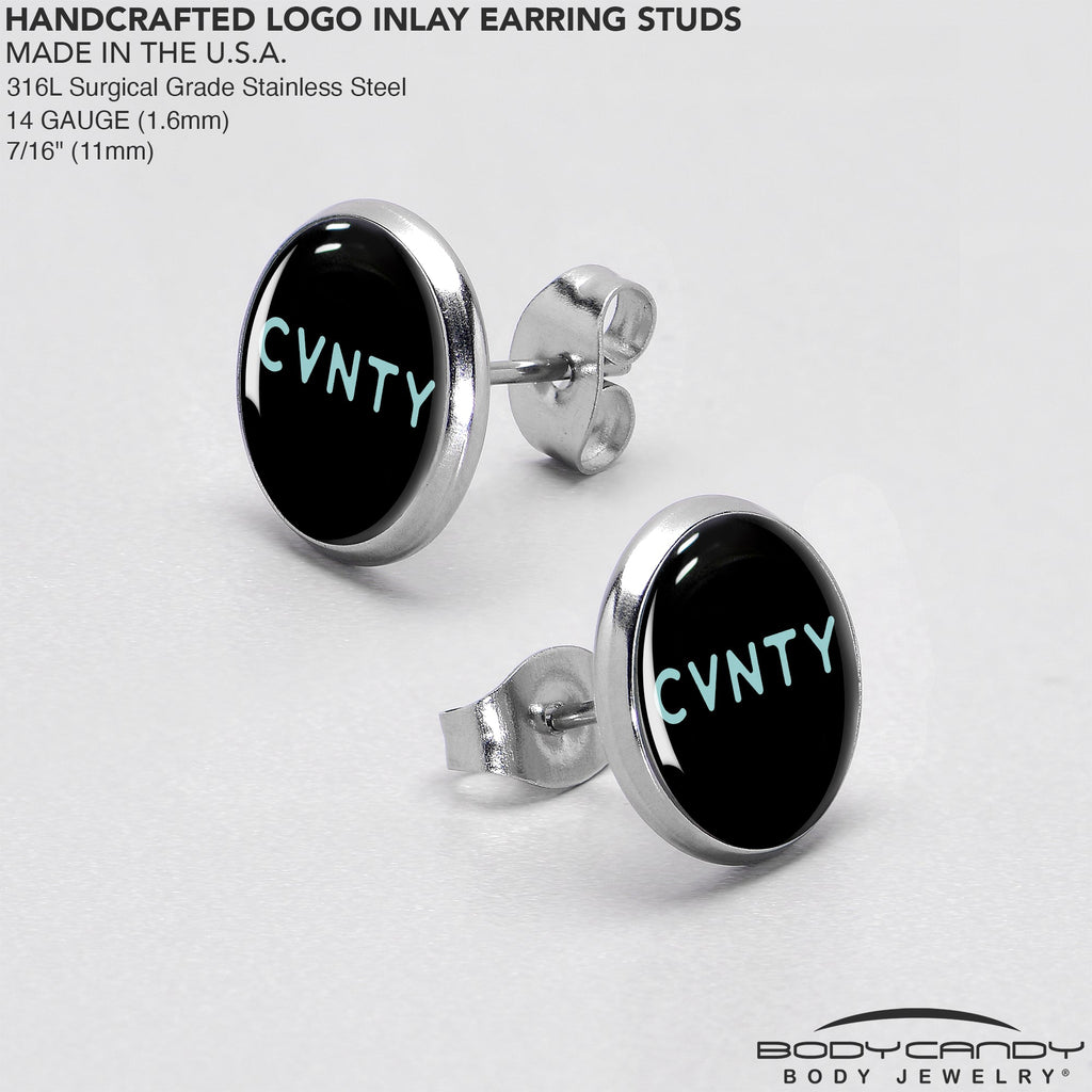 BodyCandy Phrase Logo CVNTY Stud Earrings by Onyx O — in-use photo