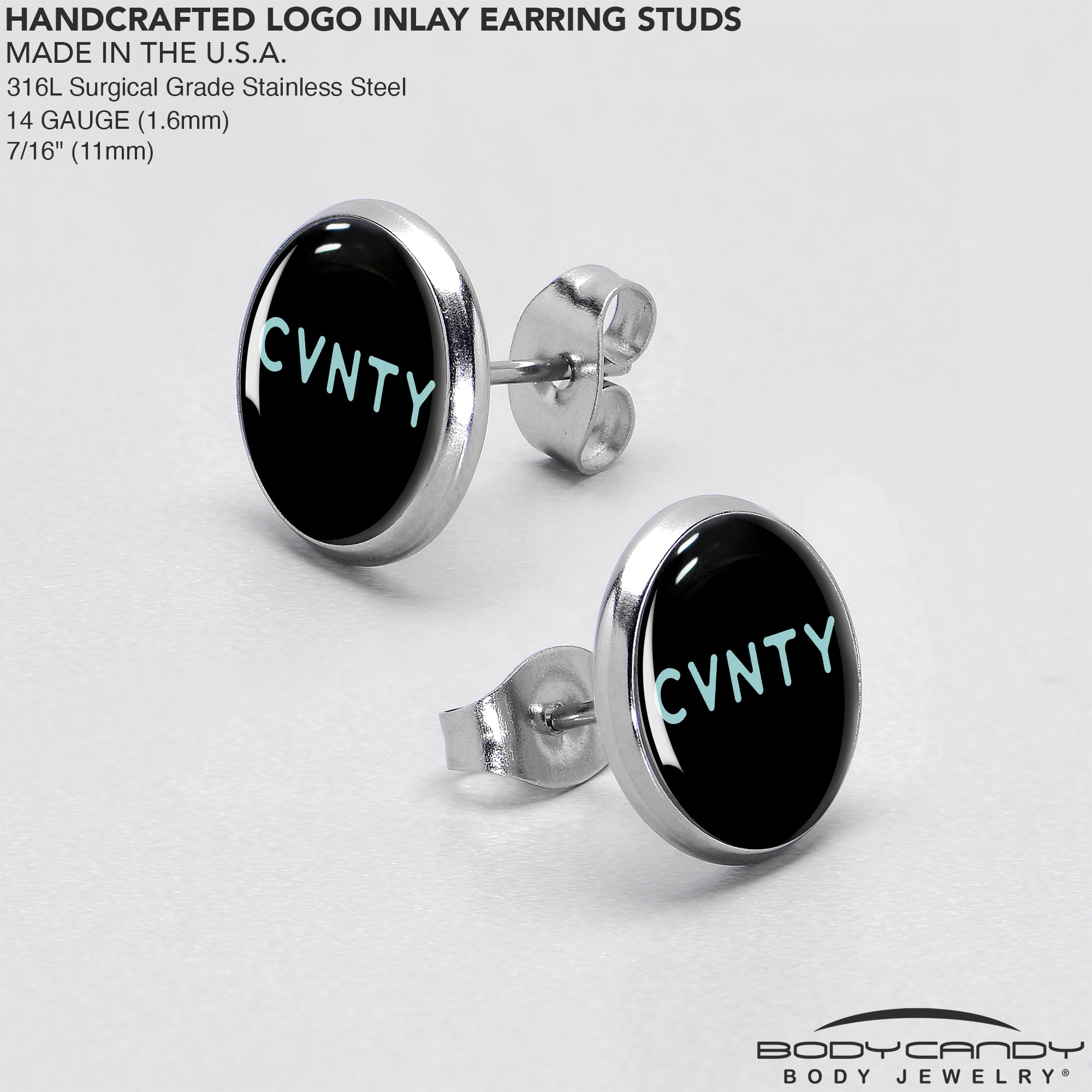 BodyCandy Phrase Logo CVNTY Stud Earrings by Onyx O — in-use photo