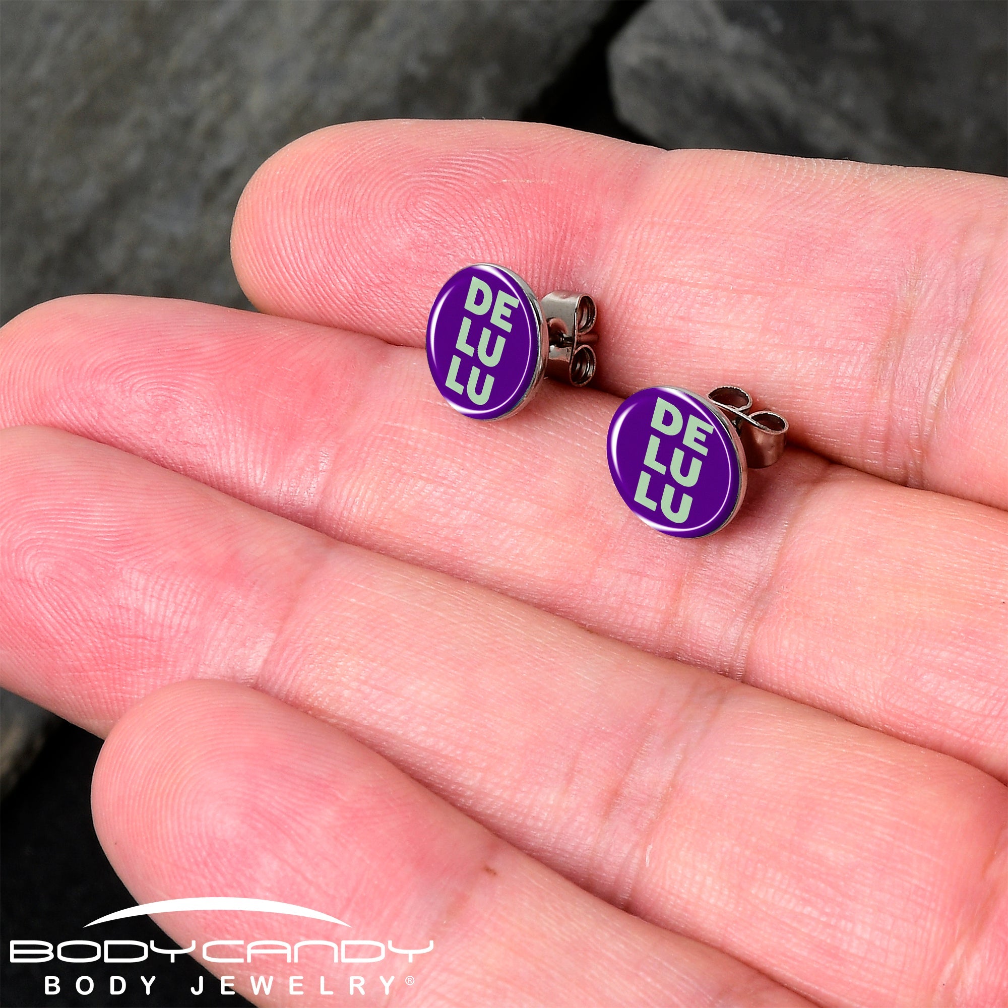 BodyCandy Word DELULU Stud Earrings by Onyx O — detail close-up