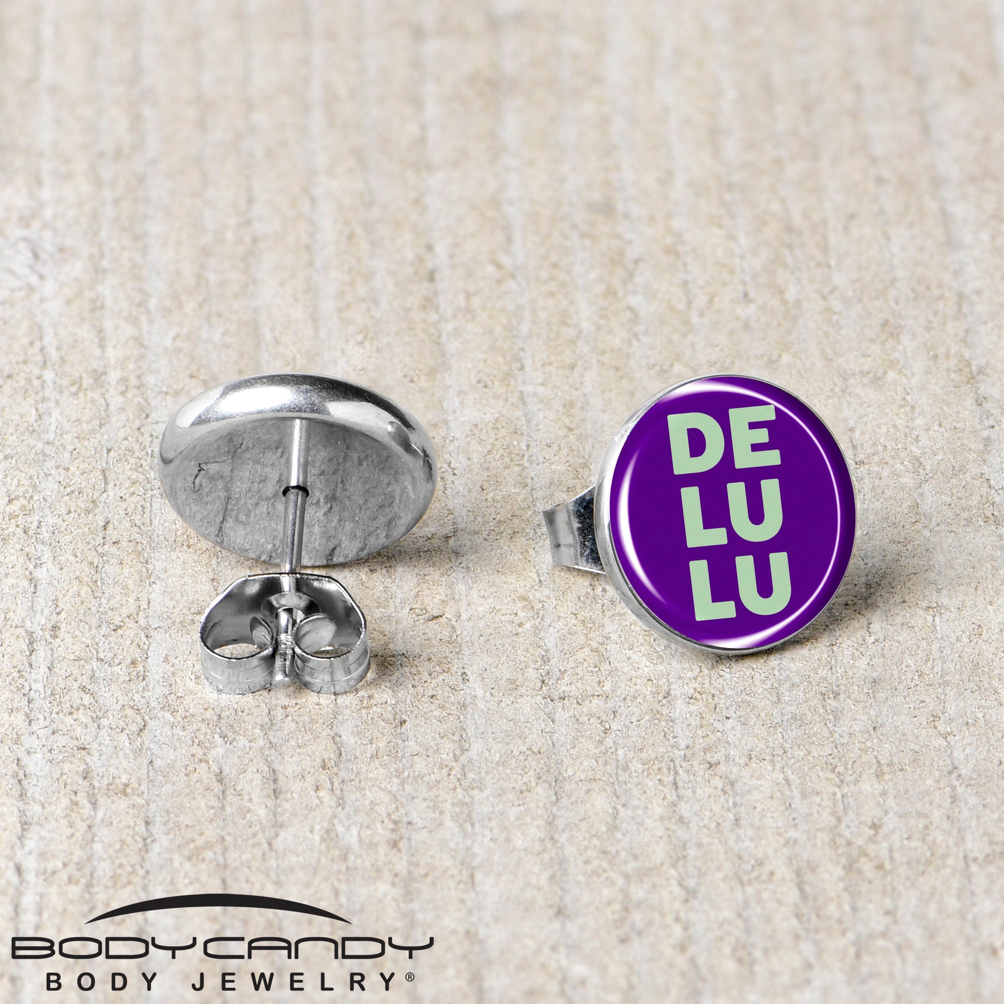BodyCandy Word DELULU Stud Earrings by Onyx O — back view