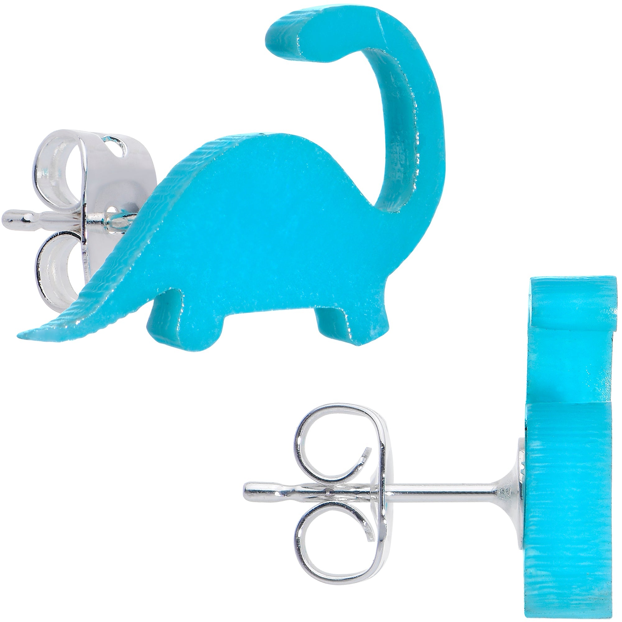BodyCandy Blue Acrylic Brontosaurus Dinosaur Stud Earrings — side view