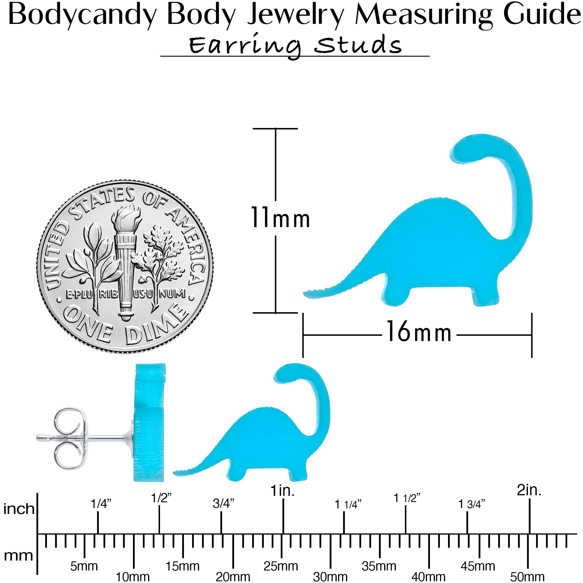 BodyCandy Blue Acrylic Brontosaurus Dinosaur Stud Earrings — alternative angle
