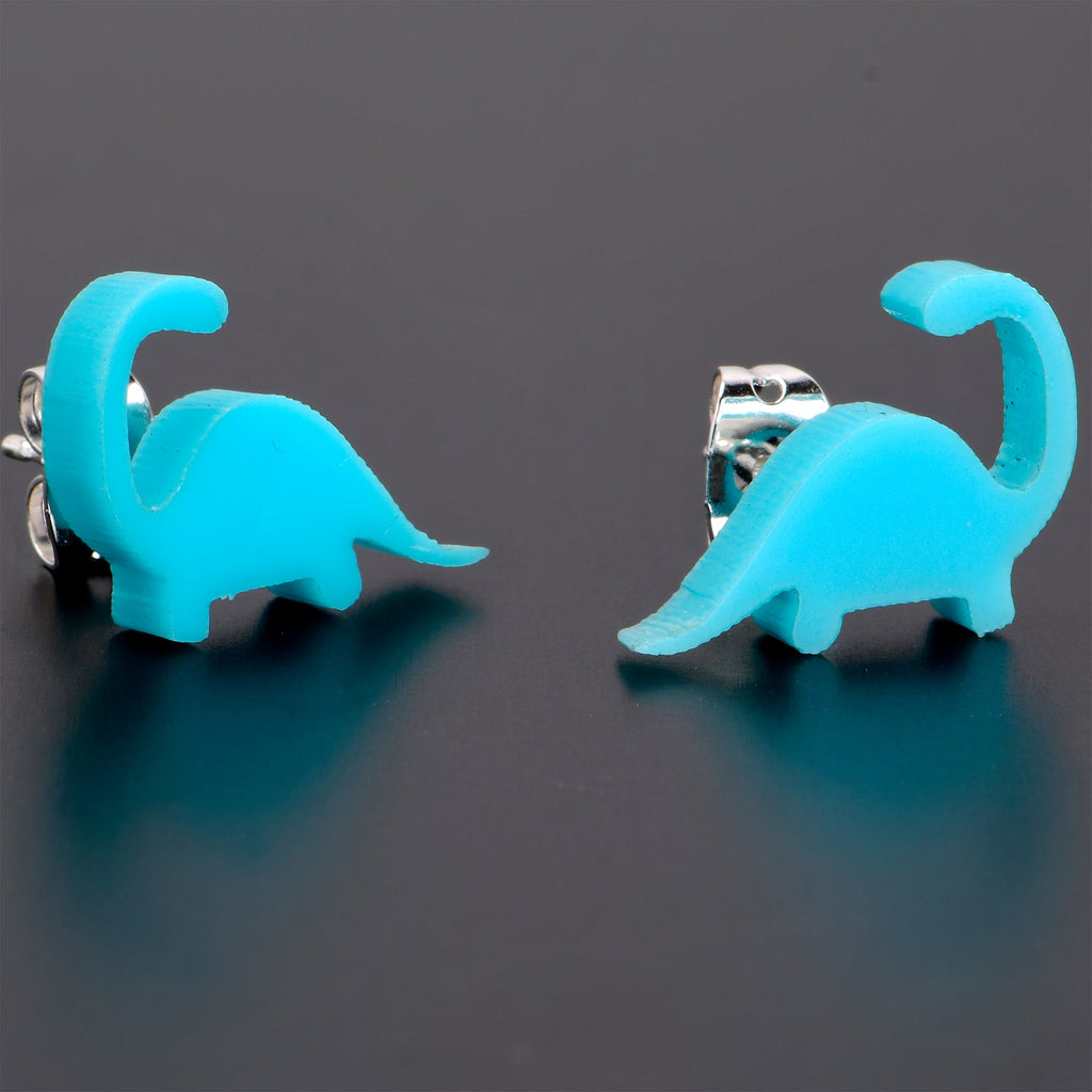 BodyCandy Blue Acrylic Brontosaurus Dinosaur Stud Earrings — in-use photo
