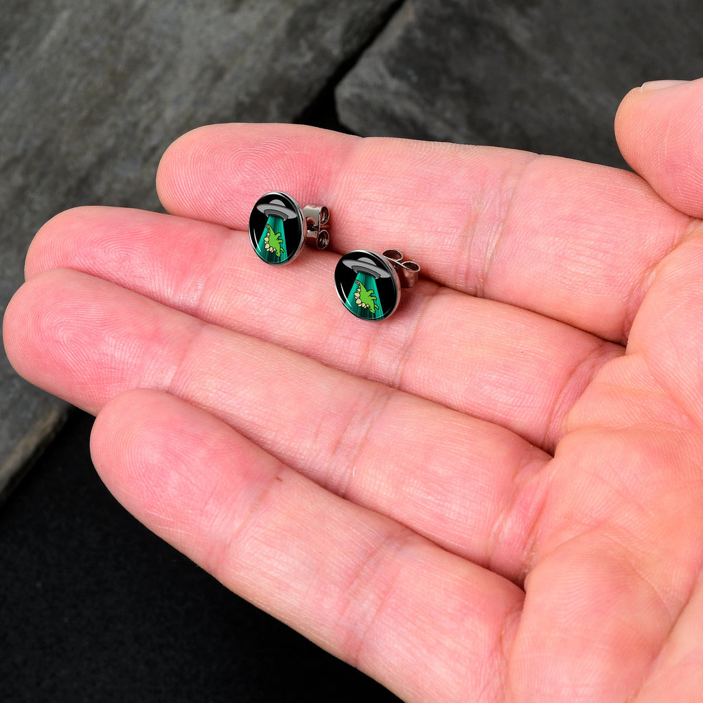 BodyCandy Alien UFO Dinosaur Abduction Stud Earrings Set by Onyx O — detail close-up