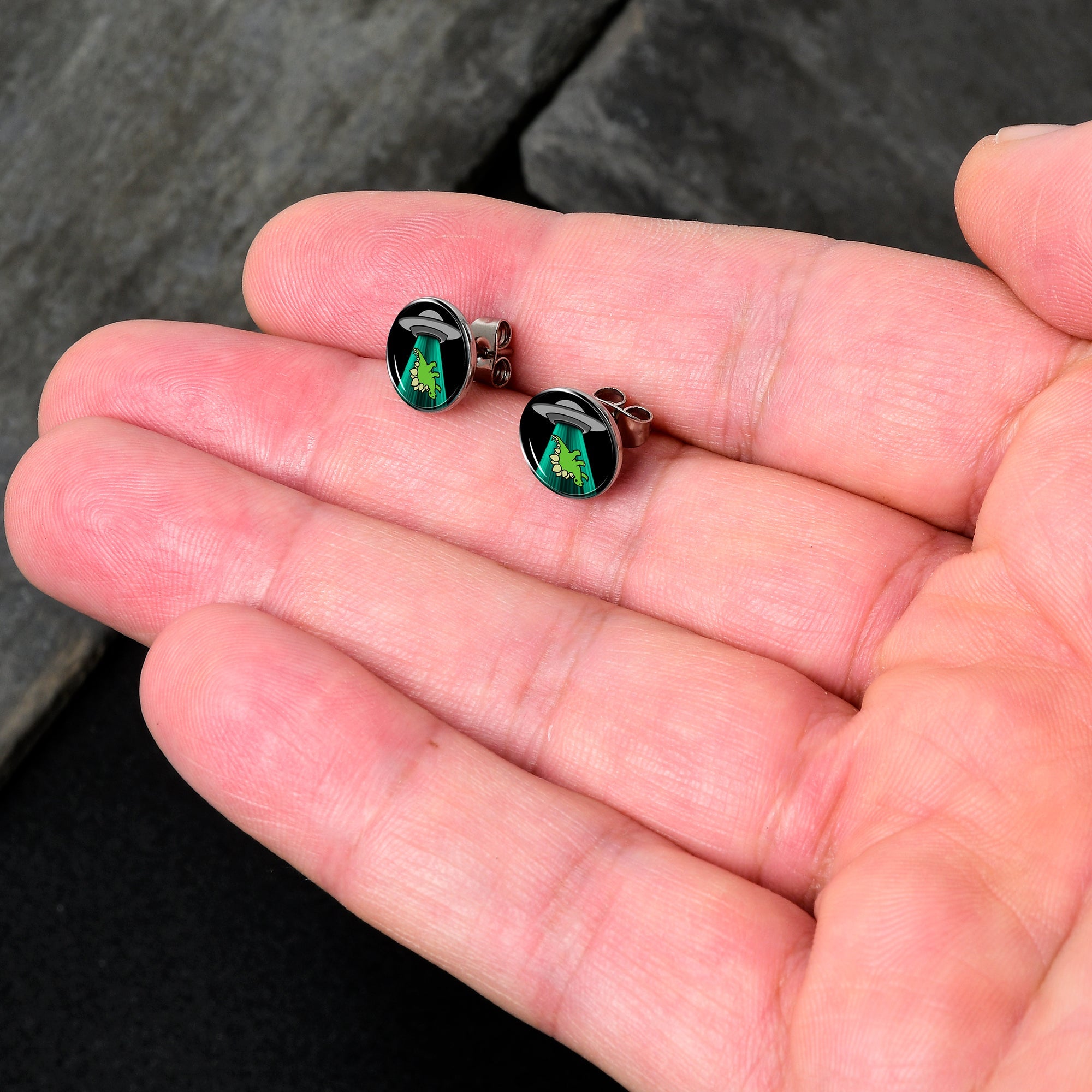 BodyCandy Alien UFO Dinosaur Abduction Stud Earrings Set by Onyx O — detail close-up