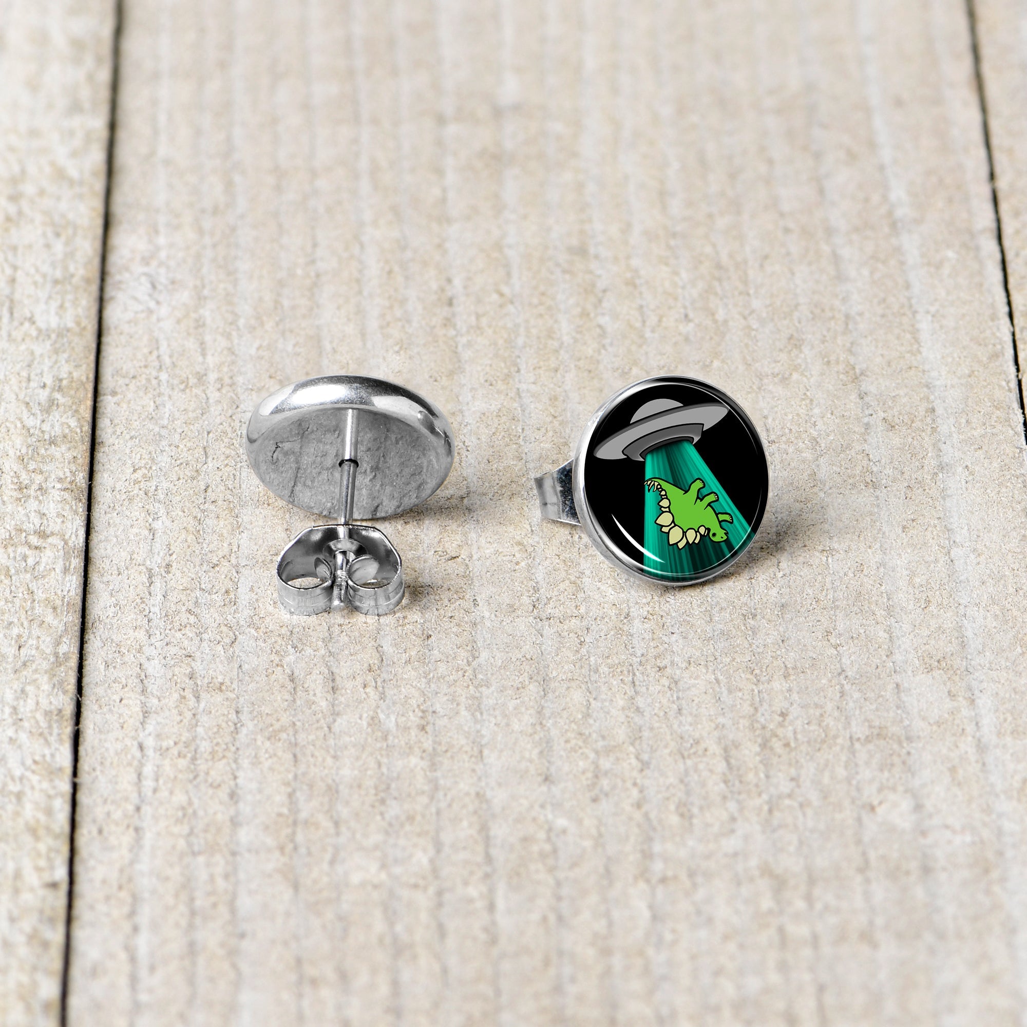 BodyCandy Alien UFO Dinosaur Abduction Stud Earrings Set by Onyx O — back view