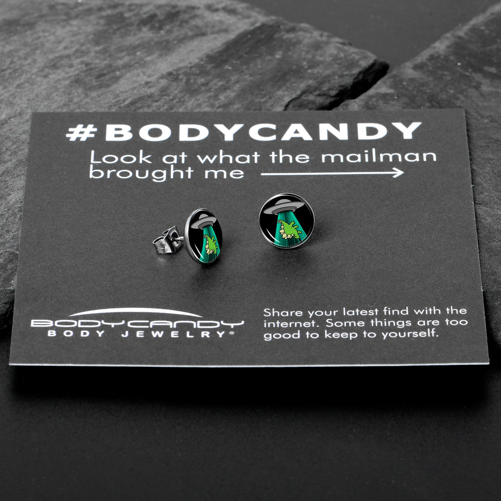 BodyCandy Alien UFO Dinosaur Abduction Stud Earrings Set by Onyx O — in-use photo