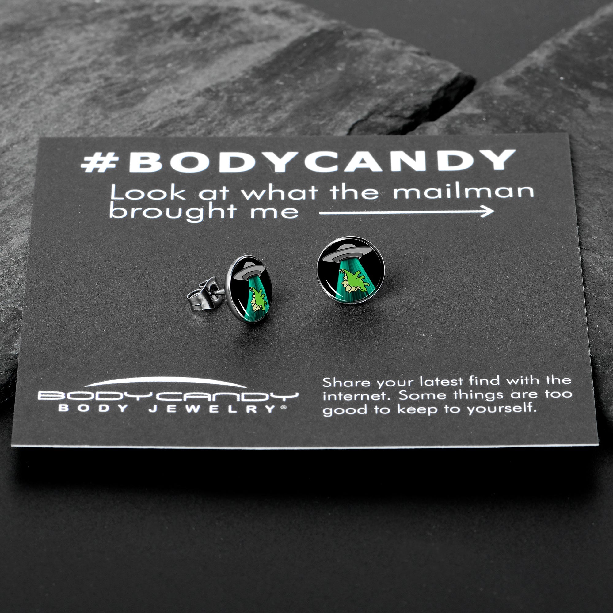 BodyCandy Alien UFO Dinosaur Abduction Stud Earrings Set by Onyx O — in-use photo