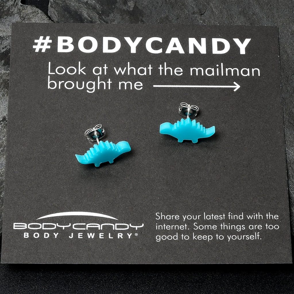BodyCandy Blue Acrylic Stegosaurus Dinosaur Stud Earrings — side view