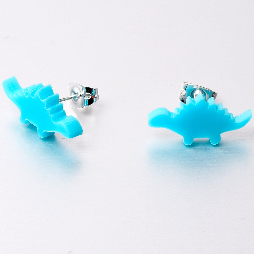 BodyCandy Blue Acrylic Stegosaurus Dinosaur Stud Earrings — back view