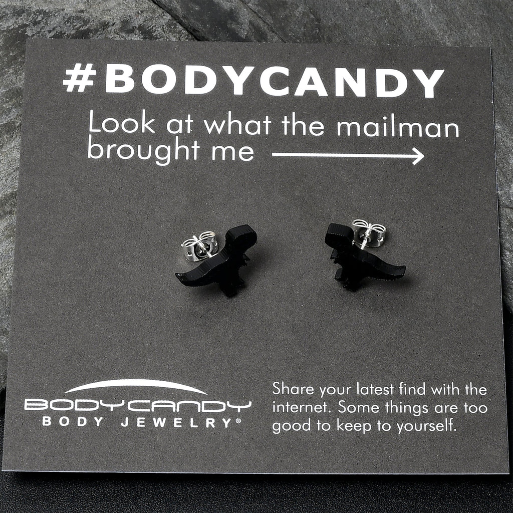 BodyCandy Black Acrylic Tyrannosaurus Rex Dinosaur Stud Earrings — detail close-up