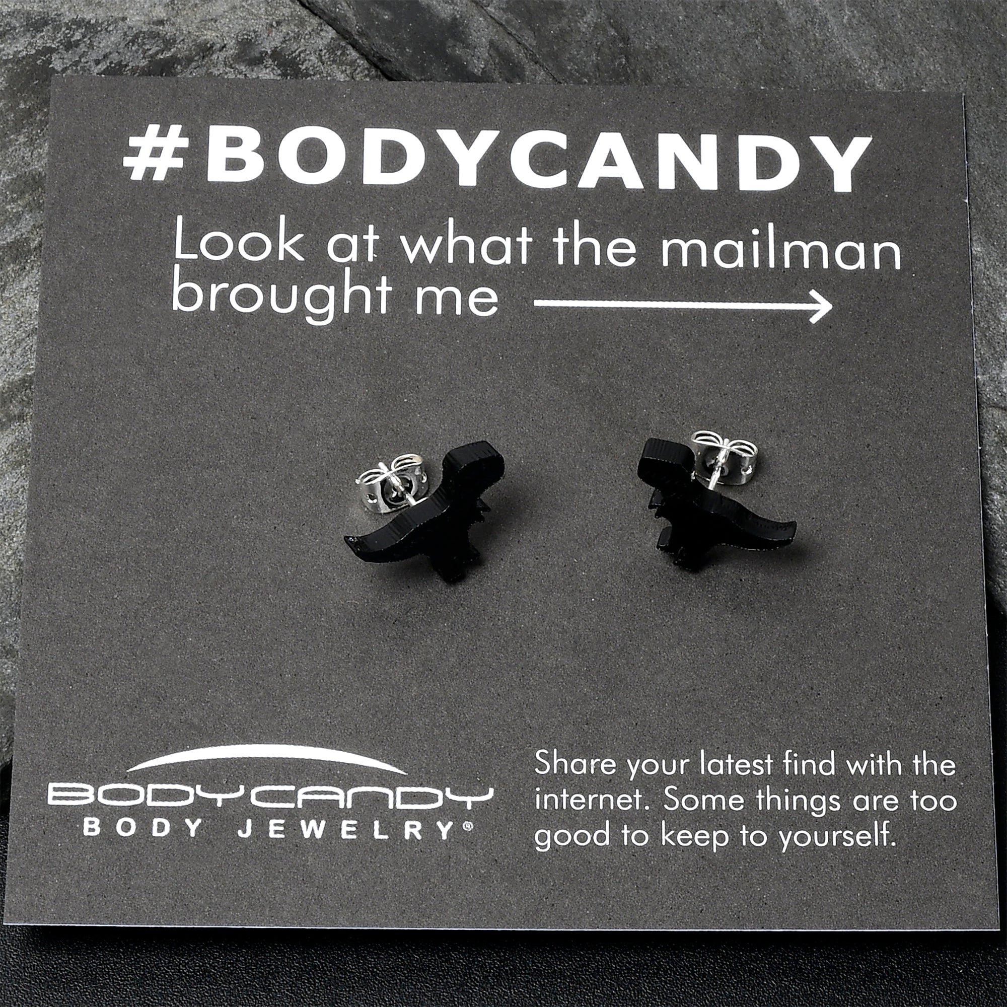 BodyCandy Black Acrylic Tyrannosaurus Rex Dinosaur Stud Earrings — detail close-up