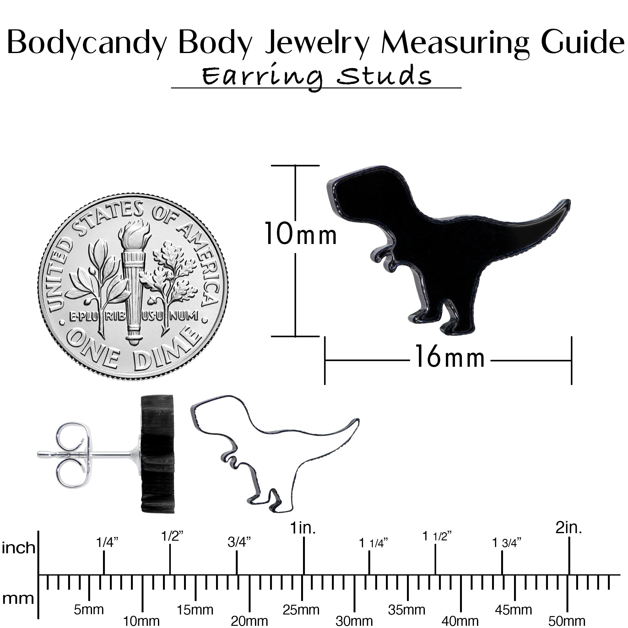 BodyCandy Black Acrylic Tyrannosaurus Rex Dinosaur Stud Earrings — in-use photo