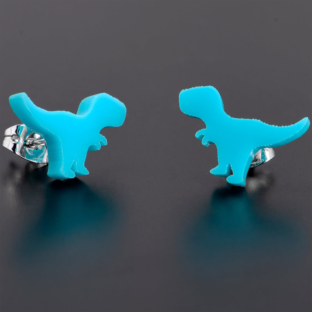 BodyCandy Blue Acrylic Tyrannosaurus Rex Dinosaur Stud Earrings — detail close-up