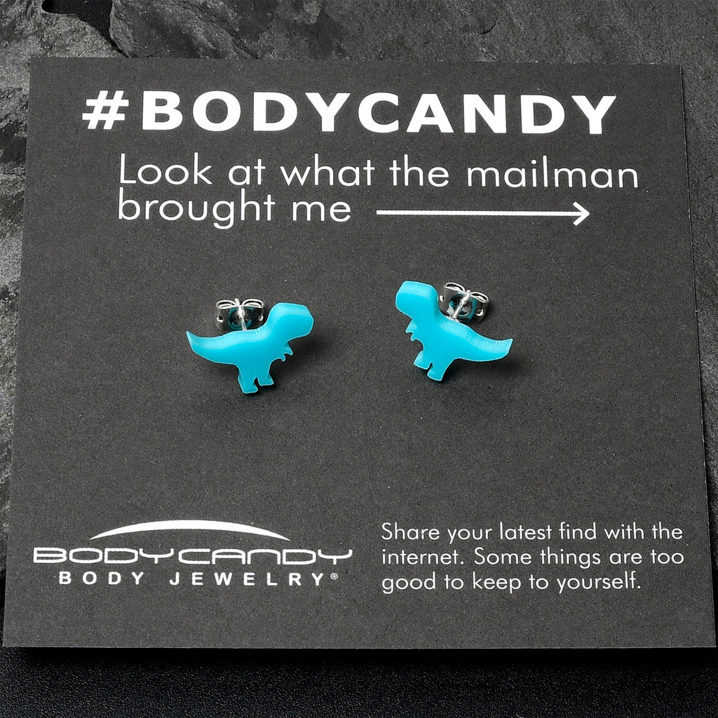 BodyCandy Blue Acrylic Tyrannosaurus Rex Dinosaur Stud Earrings — side view