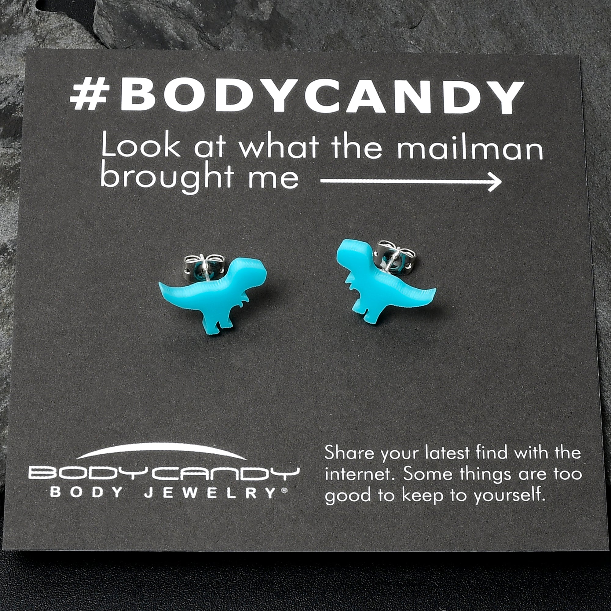 BodyCandy Blue Acrylic Tyrannosaurus Rex Dinosaur Stud Earrings — side view