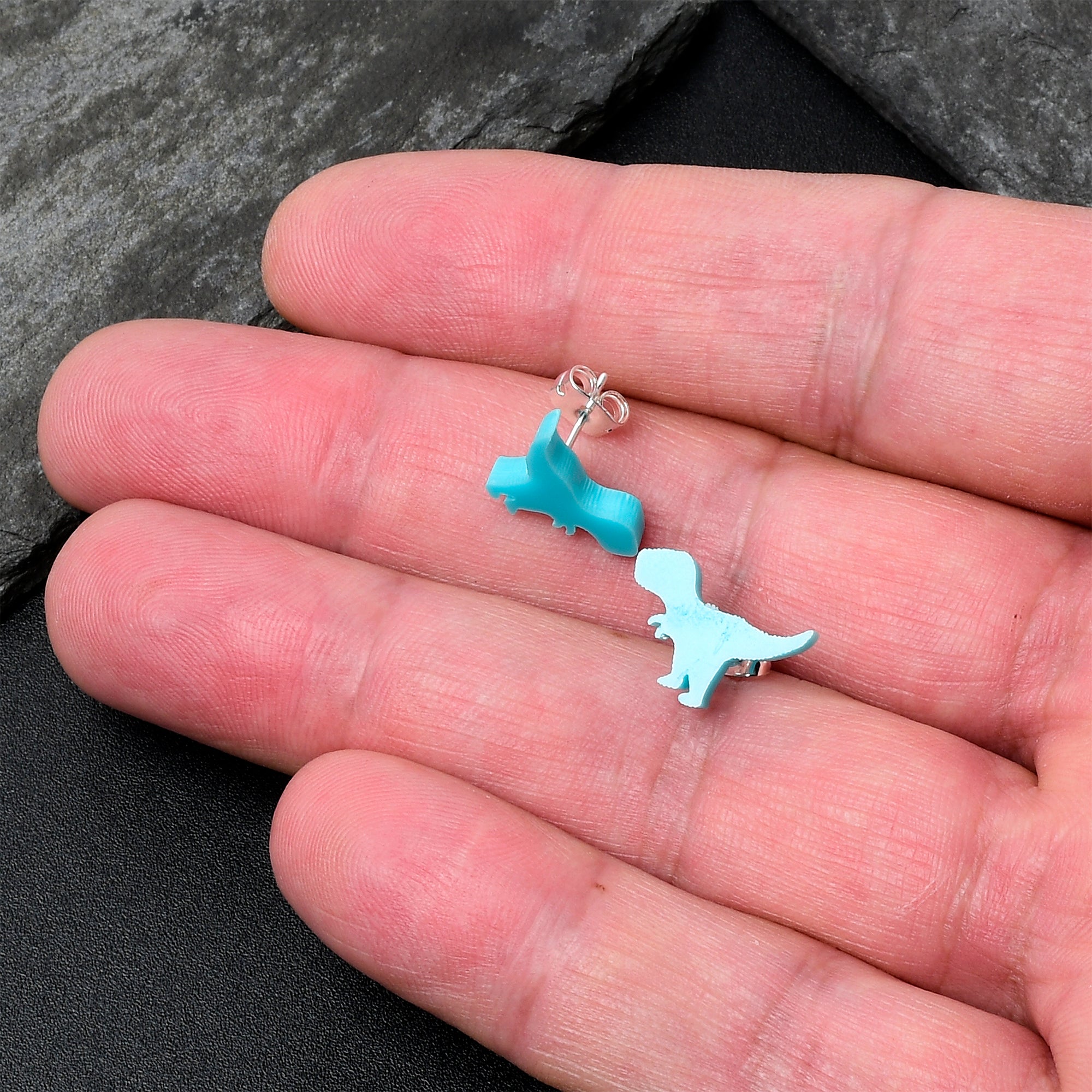 BodyCandy Blue Acrylic Tyrannosaurus Rex Dinosaur Stud Earrings — back view