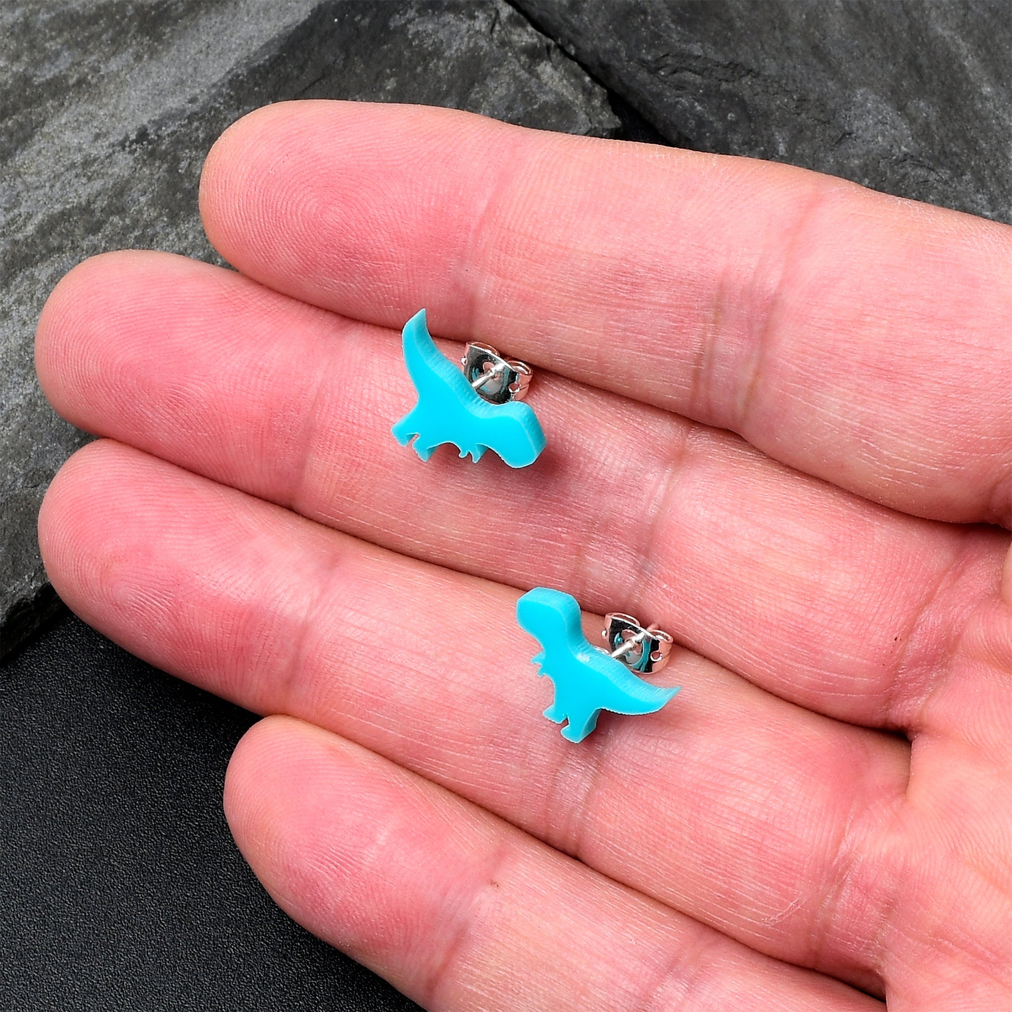 BodyCandy Blue Acrylic Tyrannosaurus Rex Dinosaur Stud Earrings — in-use photo