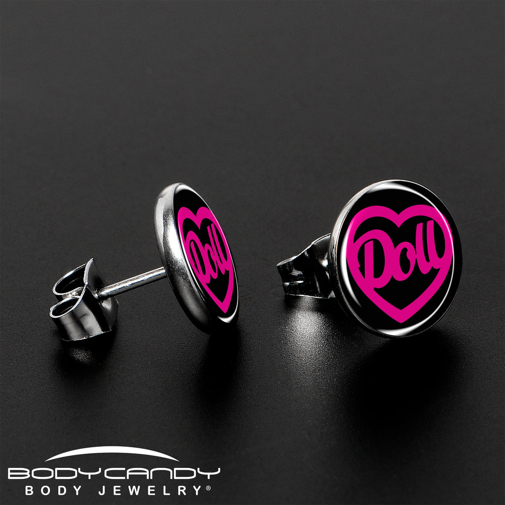 BodyCandy Hollow Heart Doll Word Stud Earrings by Onyx O — lifestyle context