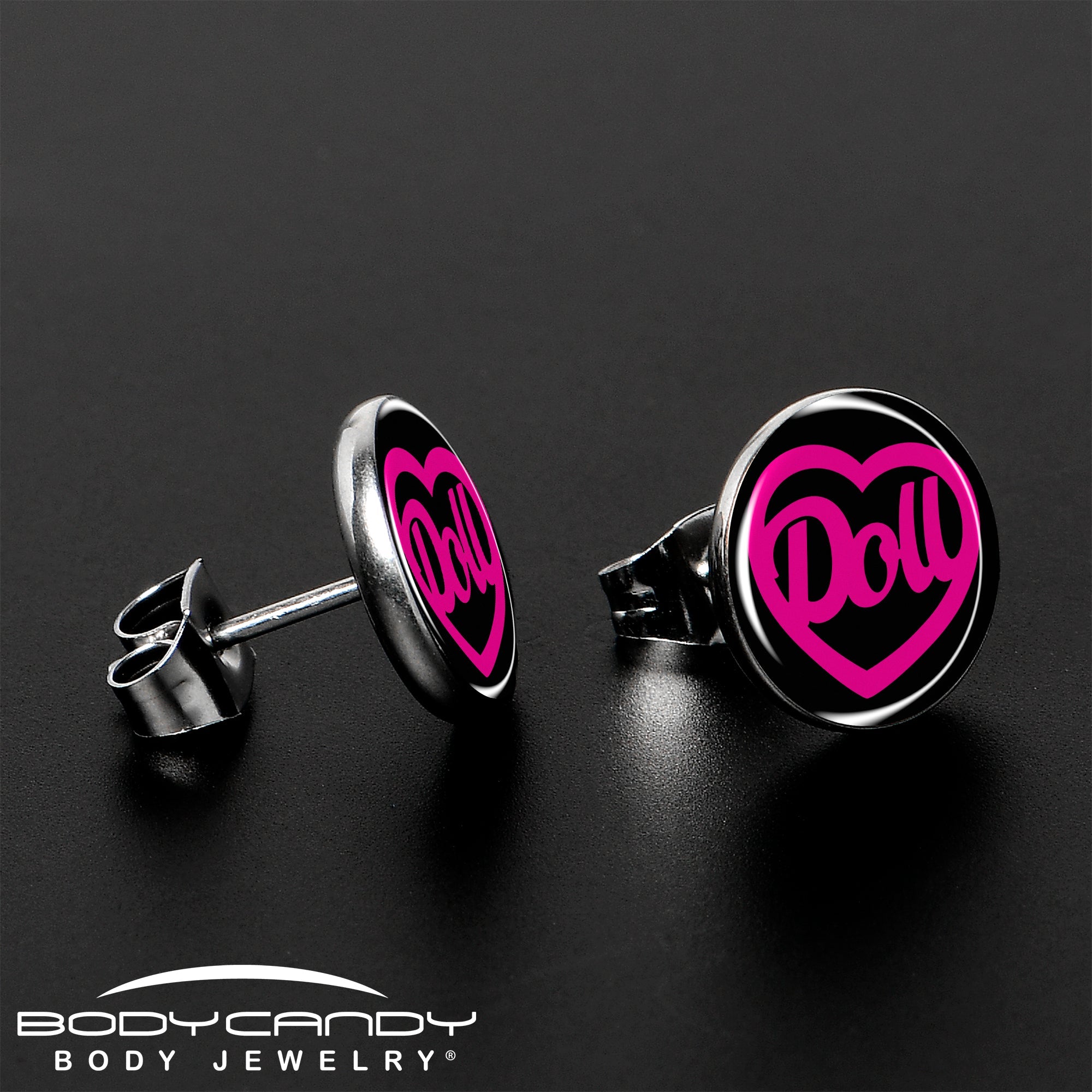 BodyCandy Hollow Heart Doll Word Stud Earrings by Onyx O — lifestyle context