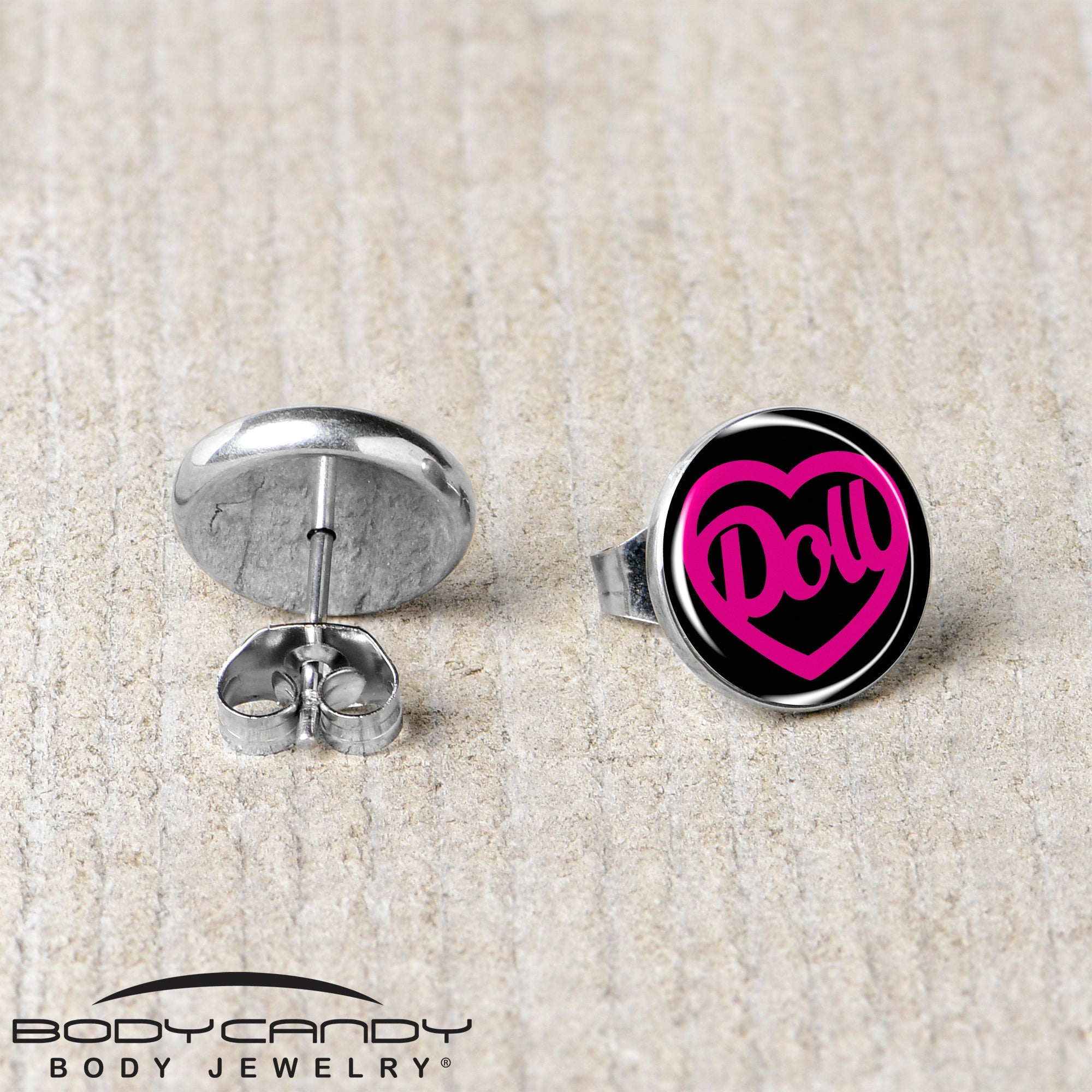 BodyCandy Hollow Heart Doll Word Stud Earrings by Onyx O — back view