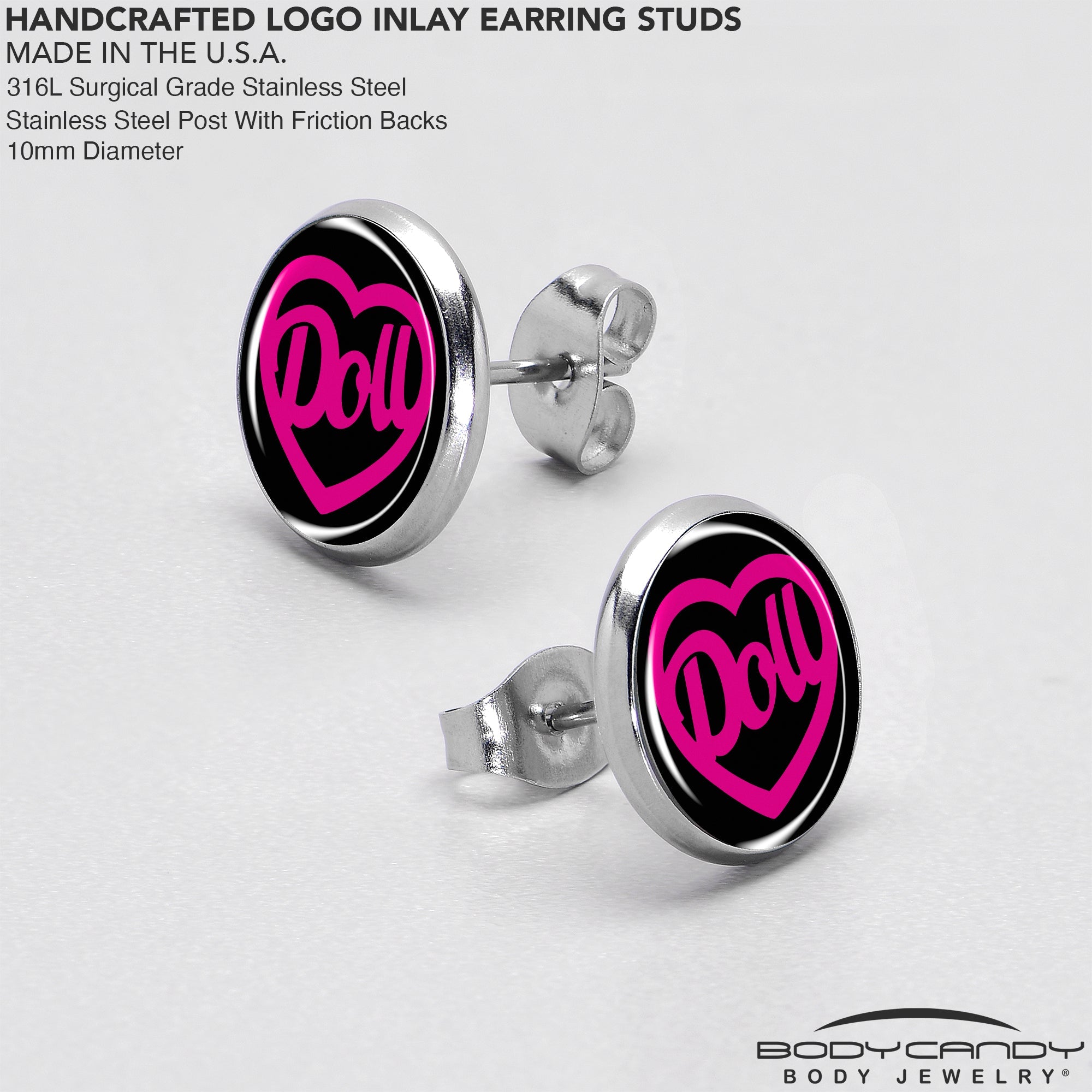 BodyCandy Hollow Heart Doll Word Stud Earrings by Onyx O — in-use photo