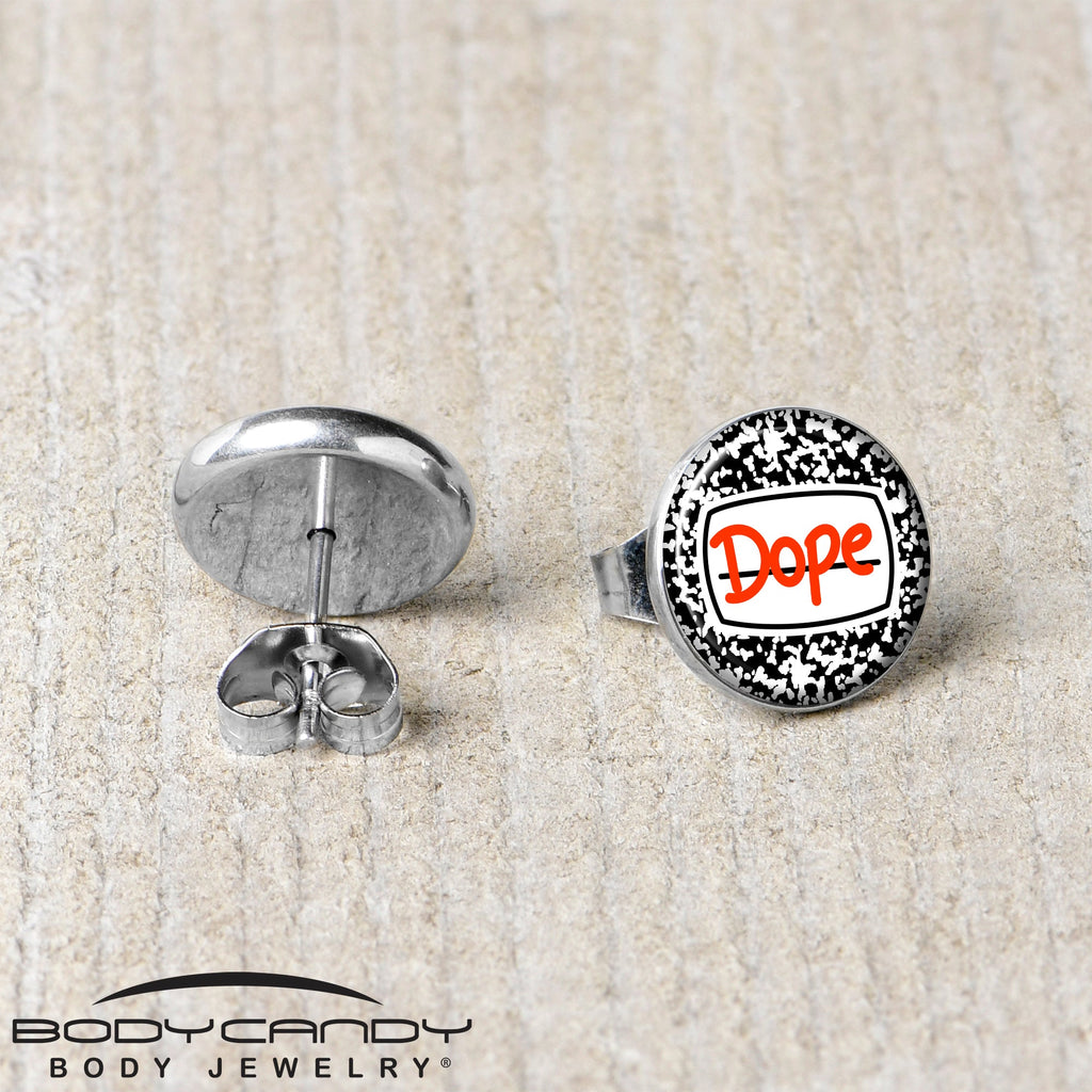 BodyCandy Dope Composition Notebook Stud Earrings by Onyx O — back view