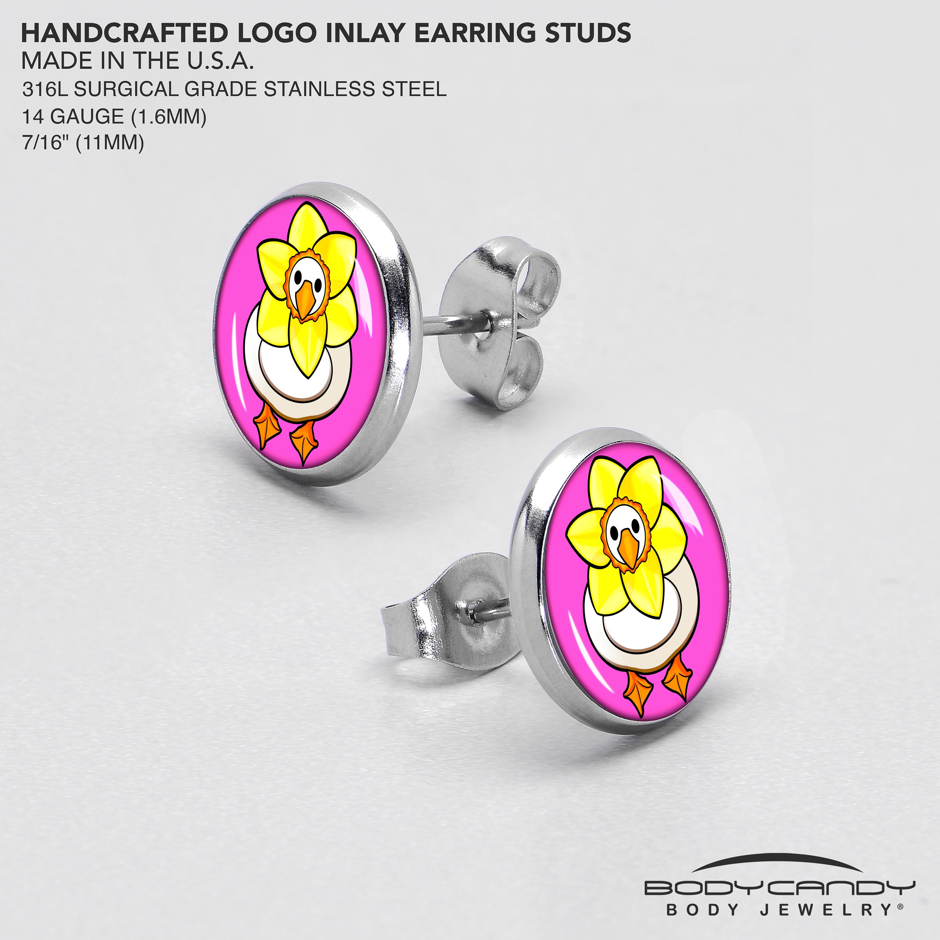 BodyCandy Daffodil Duck Stud Earrings by Onyx O — in-use photo