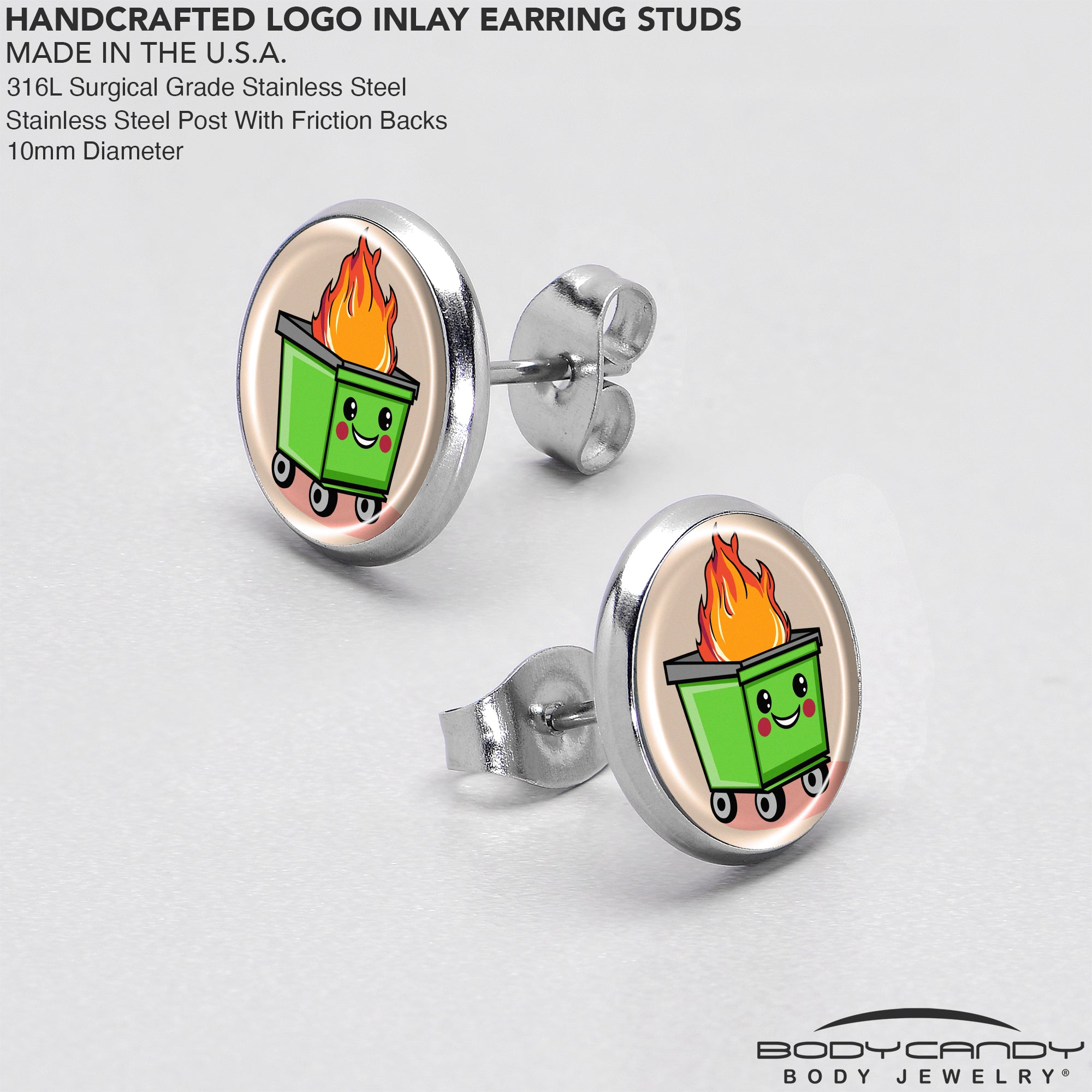 BodyCandy Dumpster Fire Stud Earrings by Onyx O — in-use photo