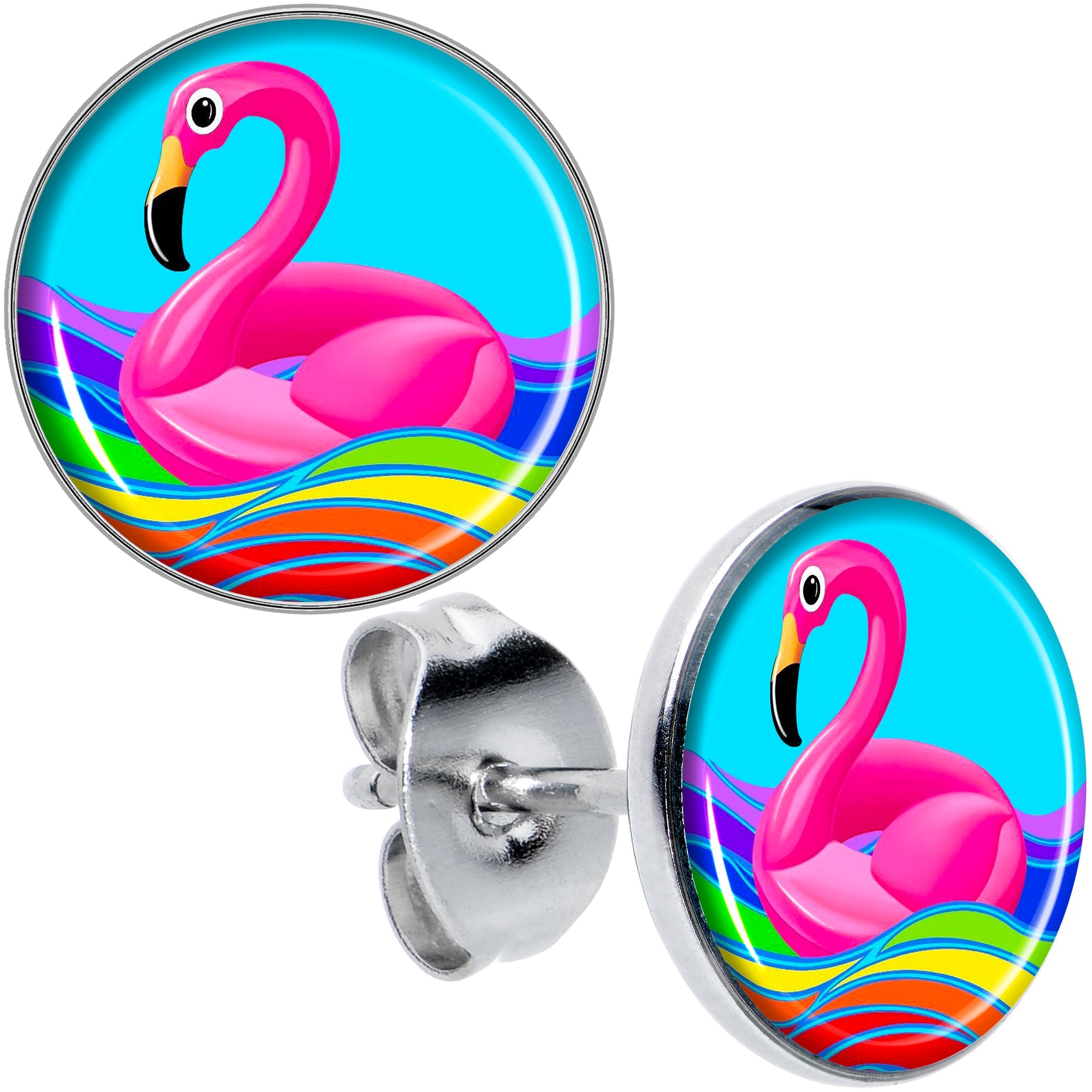 BodyCandy Rainbow Sea Floating Flamingo Stud Earrings by Onyx O — main product shot