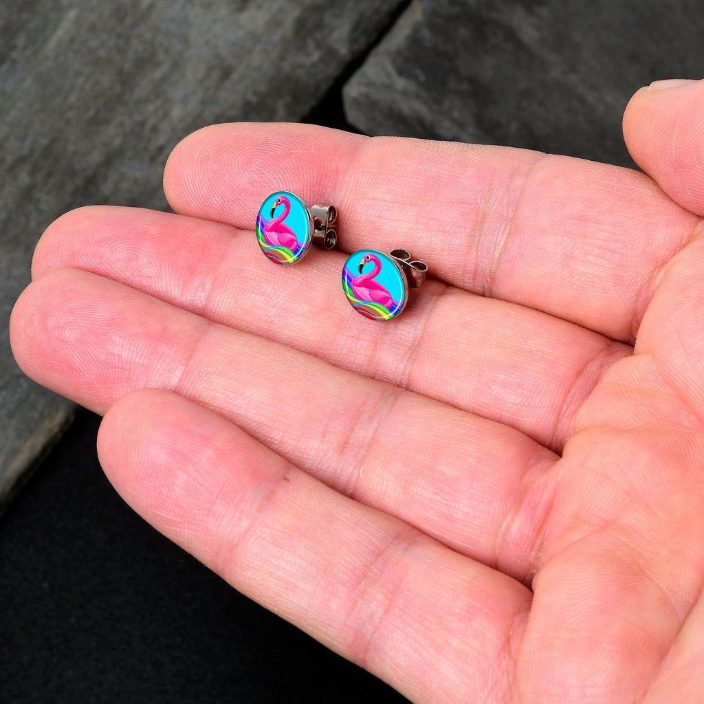 BodyCandy Rainbow Sea Floating Flamingo Stud Earrings by Onyx O — detail close-up