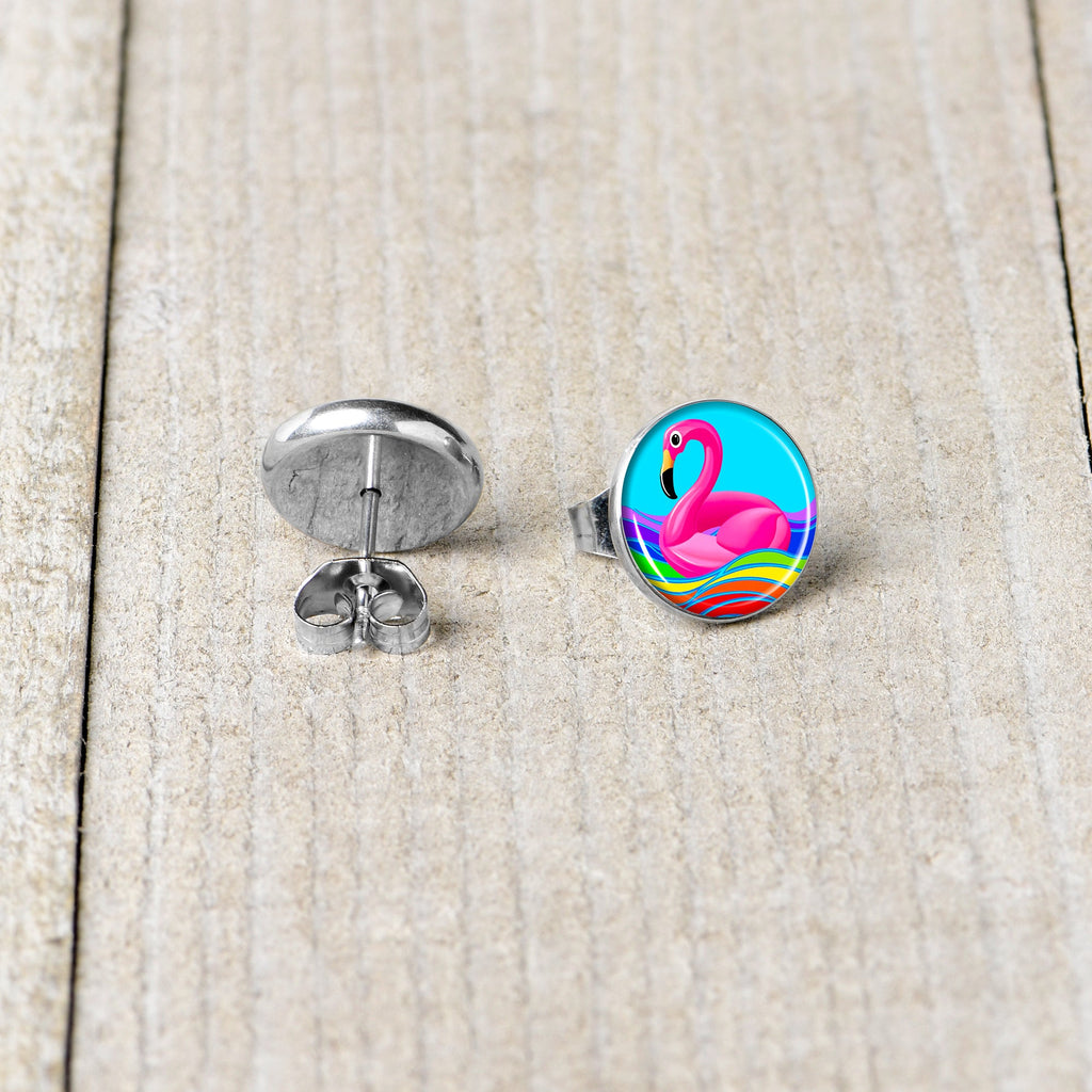 BodyCandy Rainbow Sea Floating Flamingo Stud Earrings by Onyx O — back view