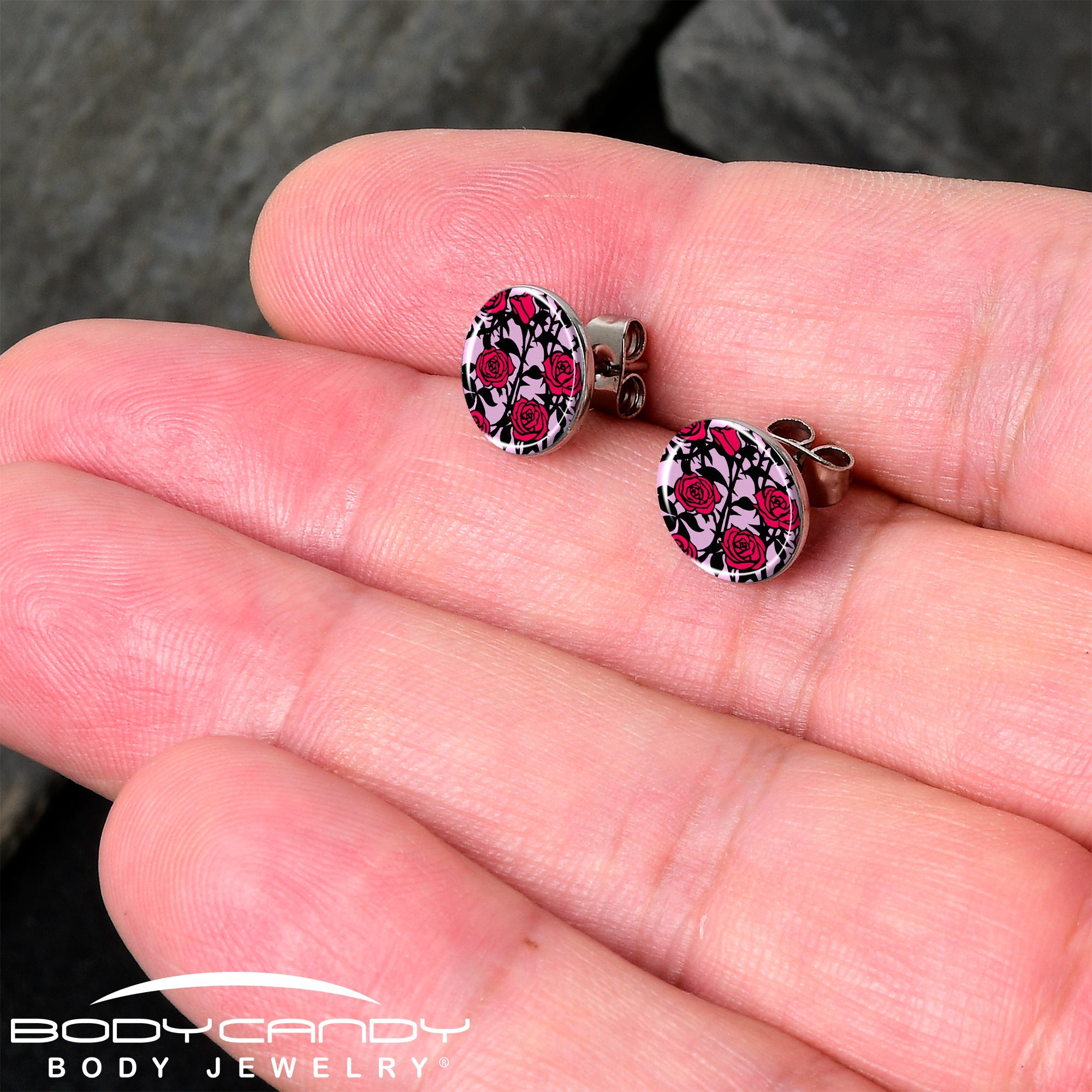 BodyCandy Blossom Creation Floral Love of Roses Stud Earrings by Onyx O — detail close-up