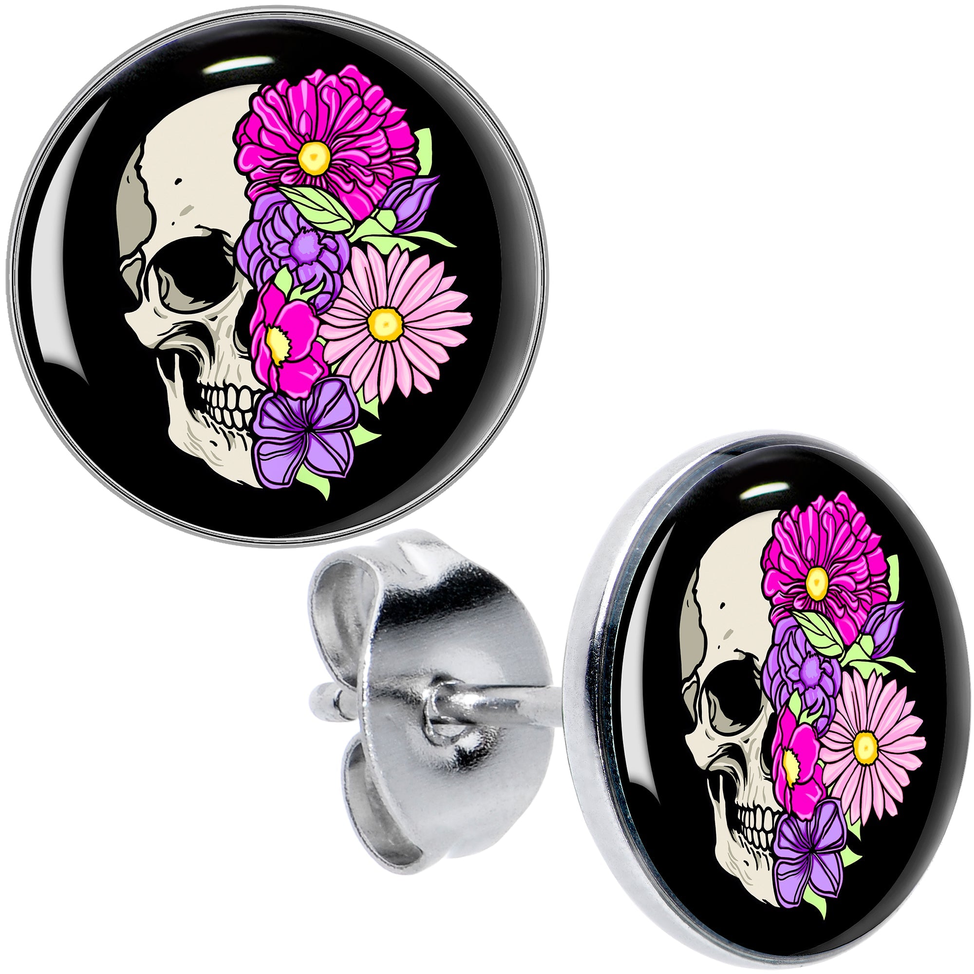 BodyCandy Floral Flowers Skull Stud Earrings by Onyx O — main product shot