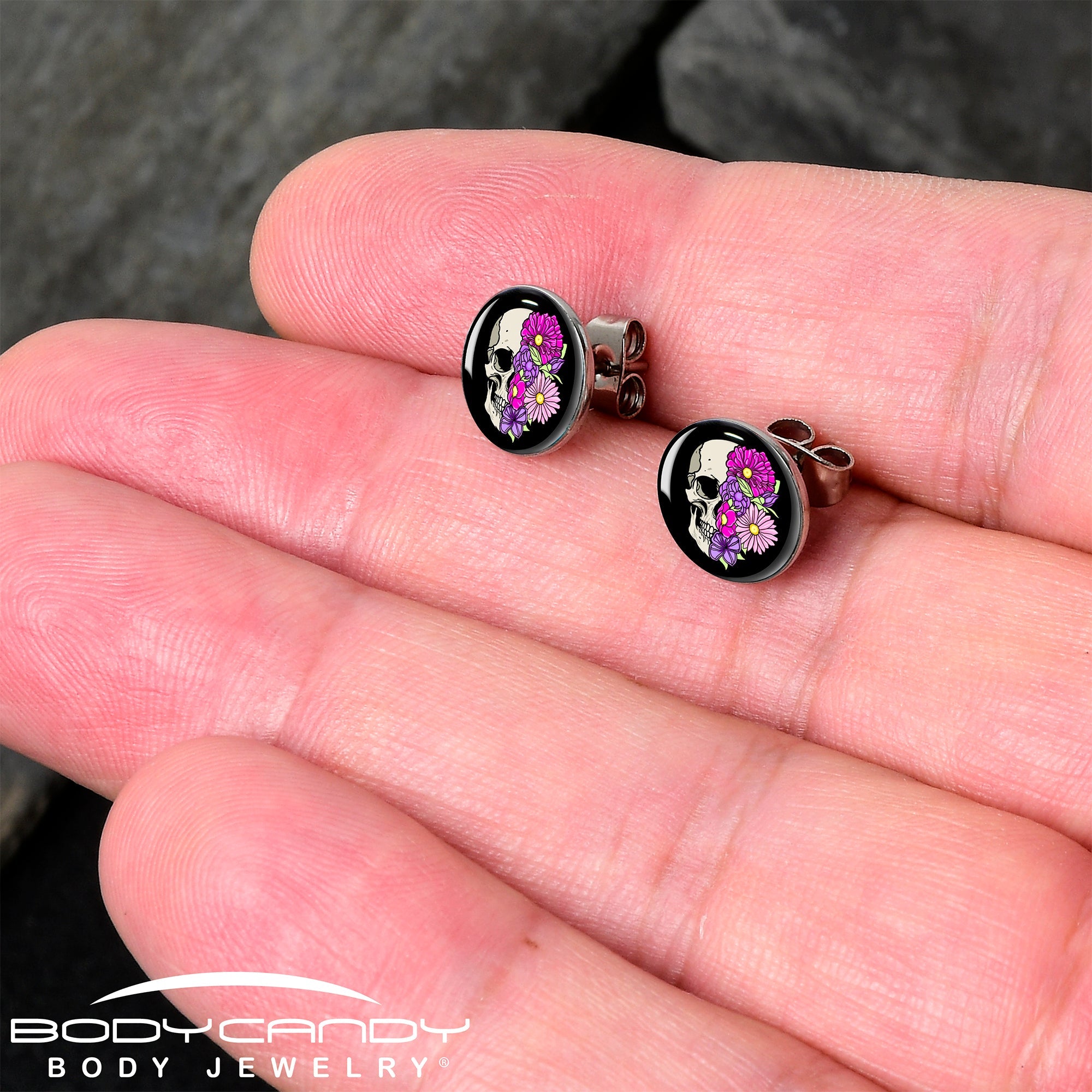 BodyCandy Floral Flowers Skull Stud Earrings by Onyx O — detail close-up