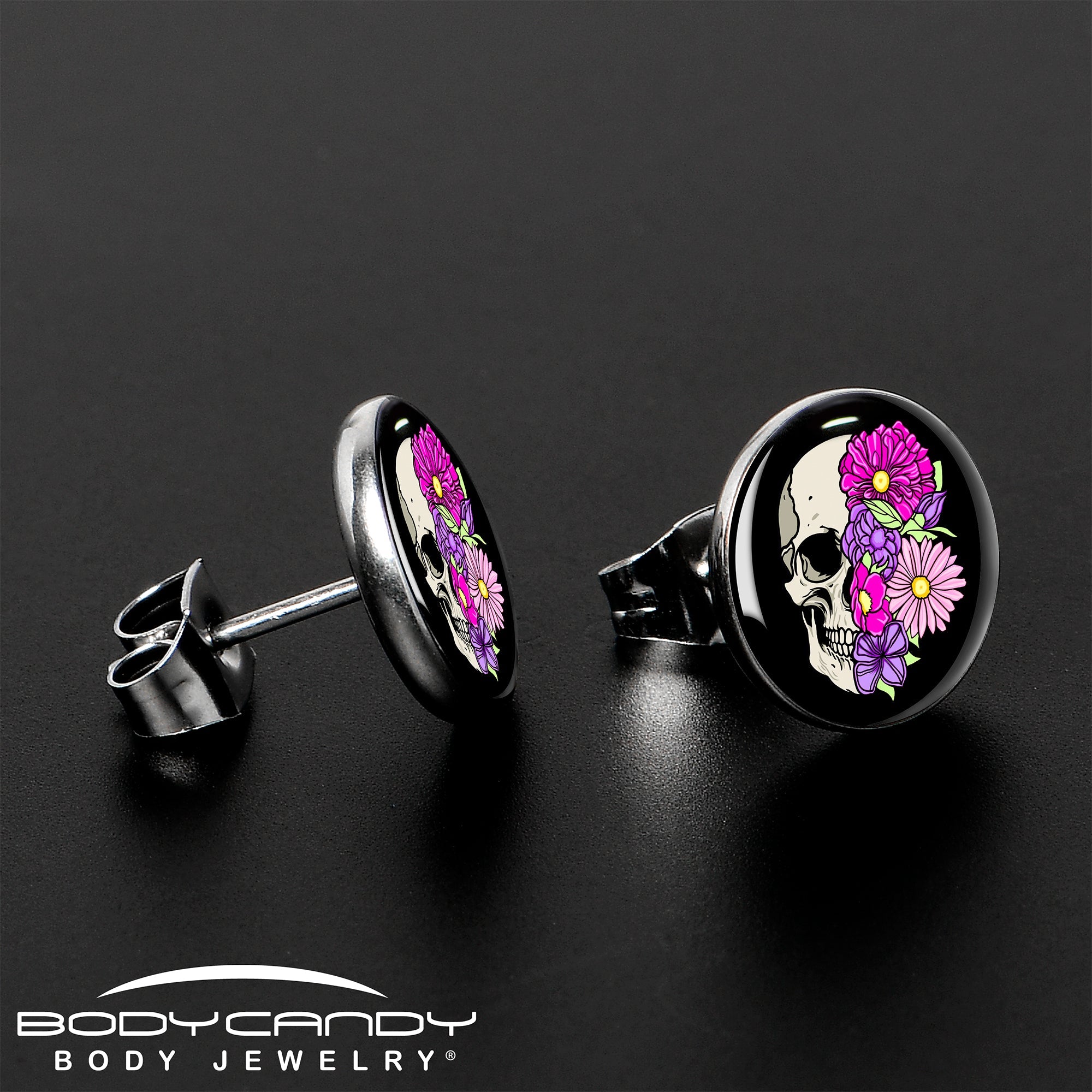 BodyCandy Floral Flowers Skull Stud Earrings by Onyx O — lifestyle context