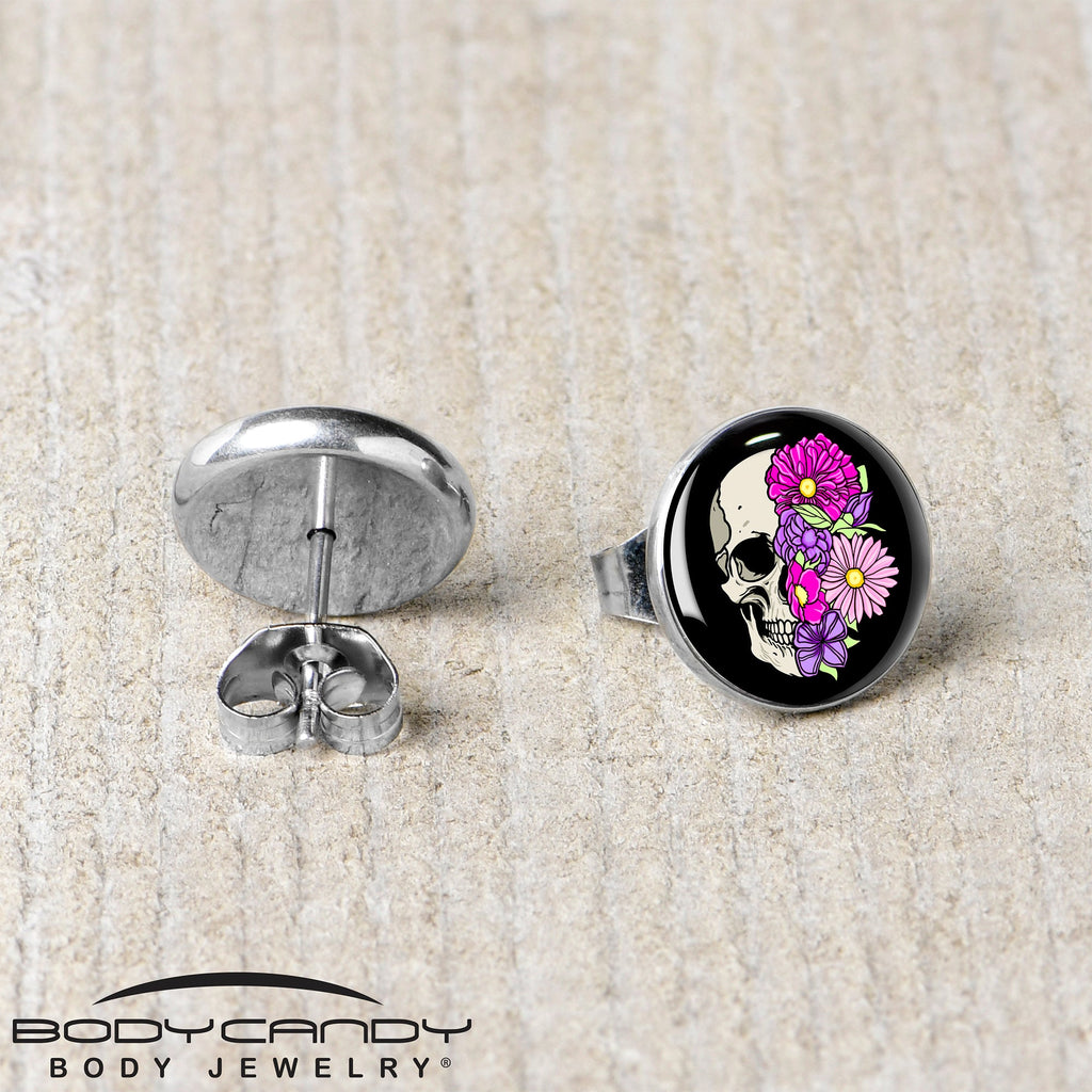 BodyCandy Floral Flowers Skull Stud Earrings by Onyx O — back view