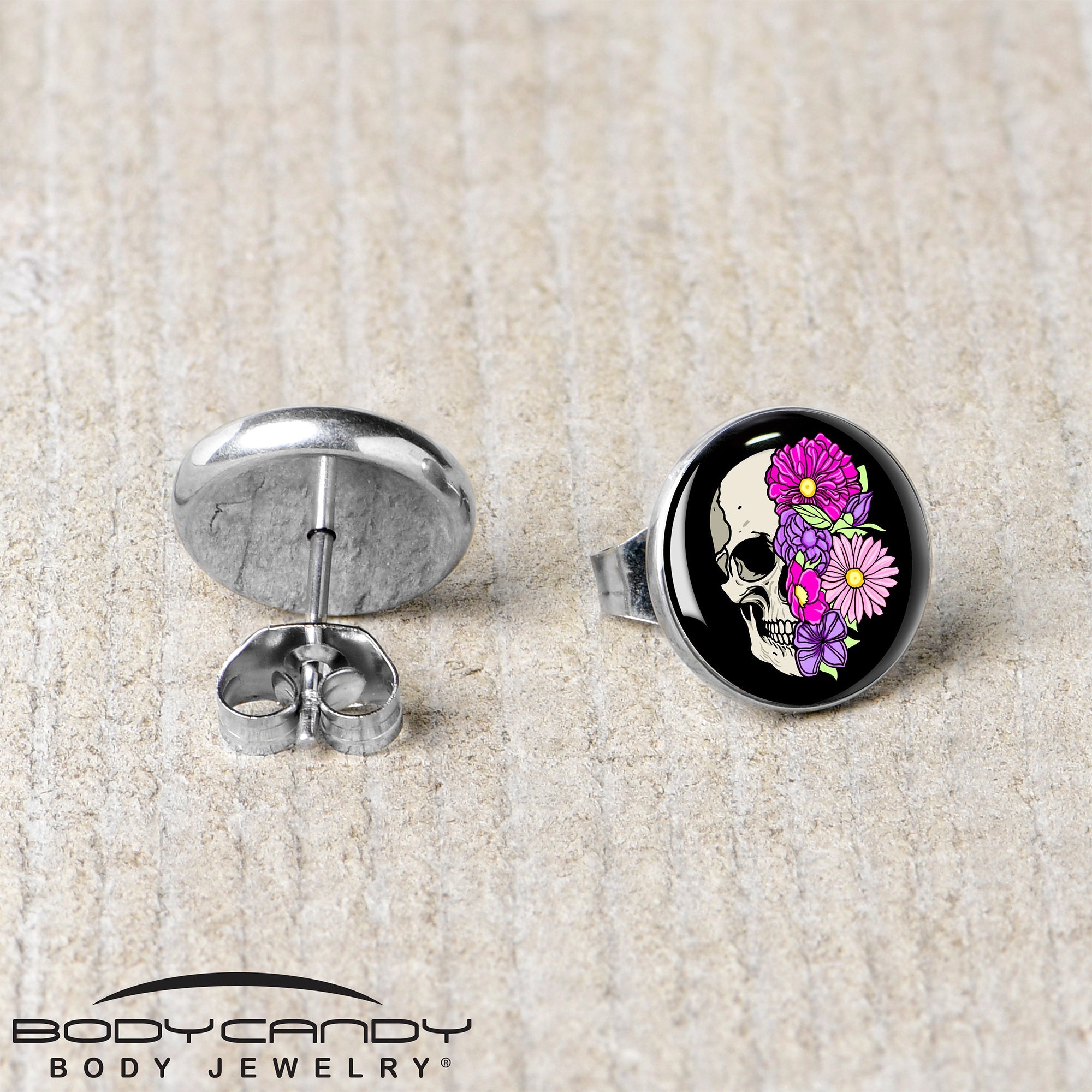 BodyCandy Floral Flowers Skull Stud Earrings by Onyx O — back view