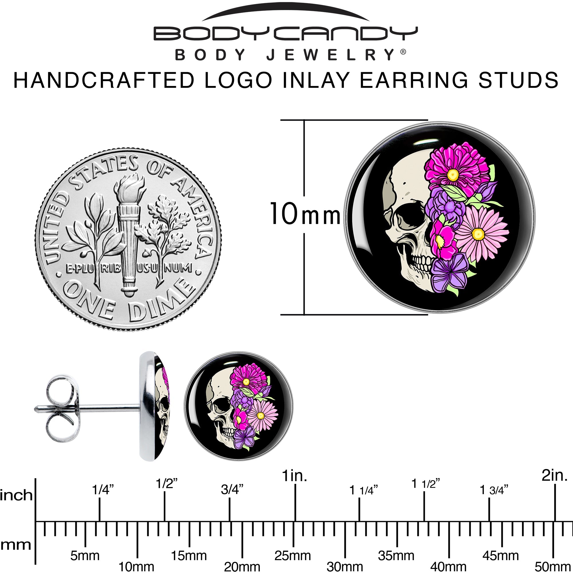 BodyCandy Floral Flowers Skull Stud Earrings by Onyx O — alternative angle