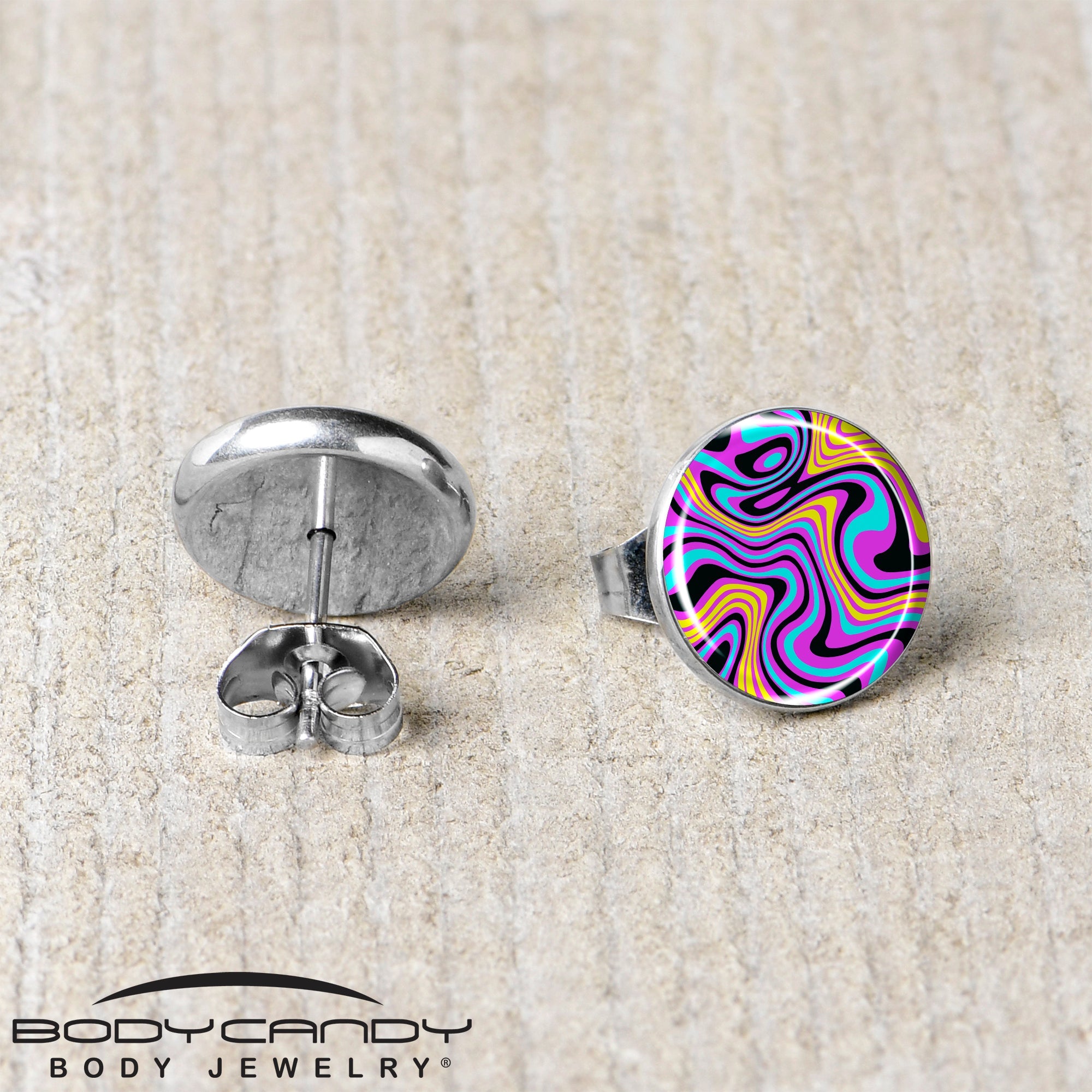 BodyCandy Funky Swirls Stud Earrings by Onyx O — back view