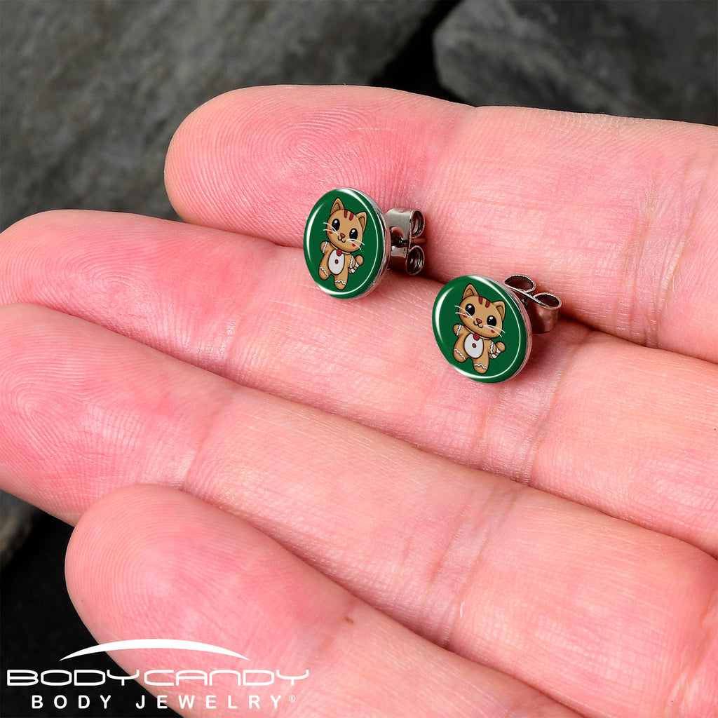BodyCandy Christmas Holiday Gingerbrread Kitty Cat Stud Earrings by Onyx O — detail close-up