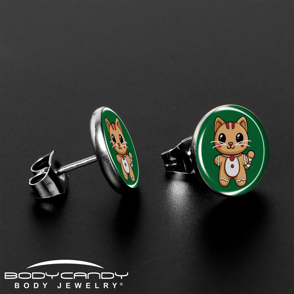 BodyCandy Christmas Holiday Gingerbrread Kitty Cat Stud Earrings by Onyx O — lifestyle context