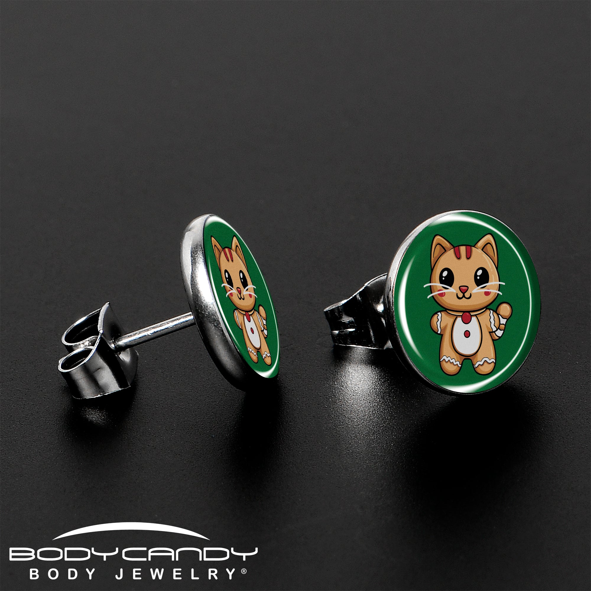 BodyCandy Christmas Holiday Gingerbrread Kitty Cat Stud Earrings by Onyx O — lifestyle context