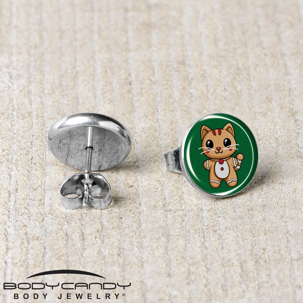 BodyCandy Christmas Holiday Gingerbrread Kitty Cat Stud Earrings by Onyx O — back view
