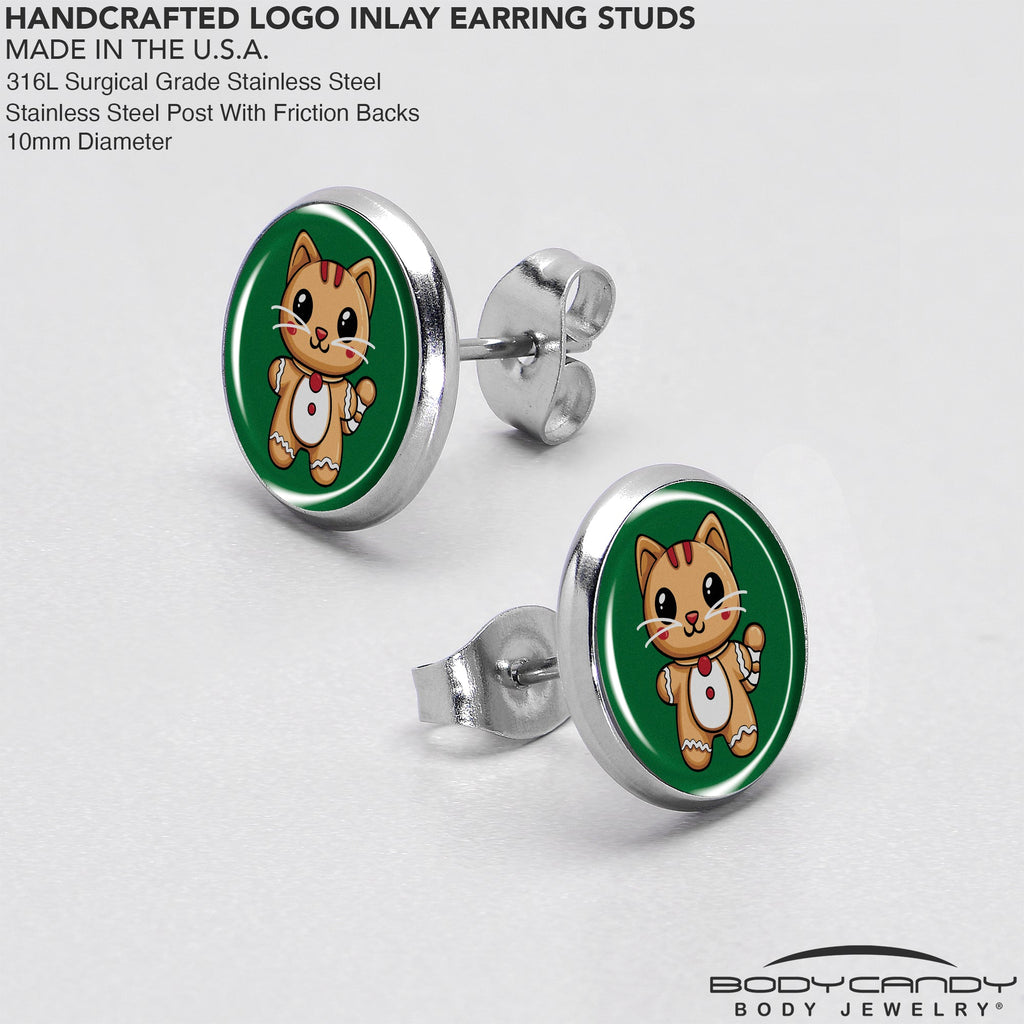 BodyCandy Christmas Holiday Gingerbrread Kitty Cat Stud Earrings by Onyx O — in-use photo