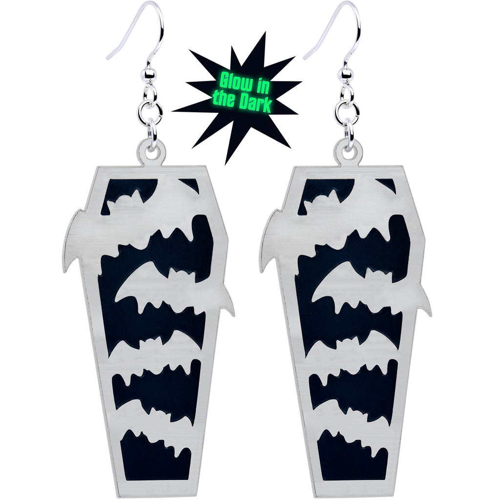 BodyCandy Glowing Bats Coffin Glow in the Dark Dangle Earrings by Onyx O — main product shot